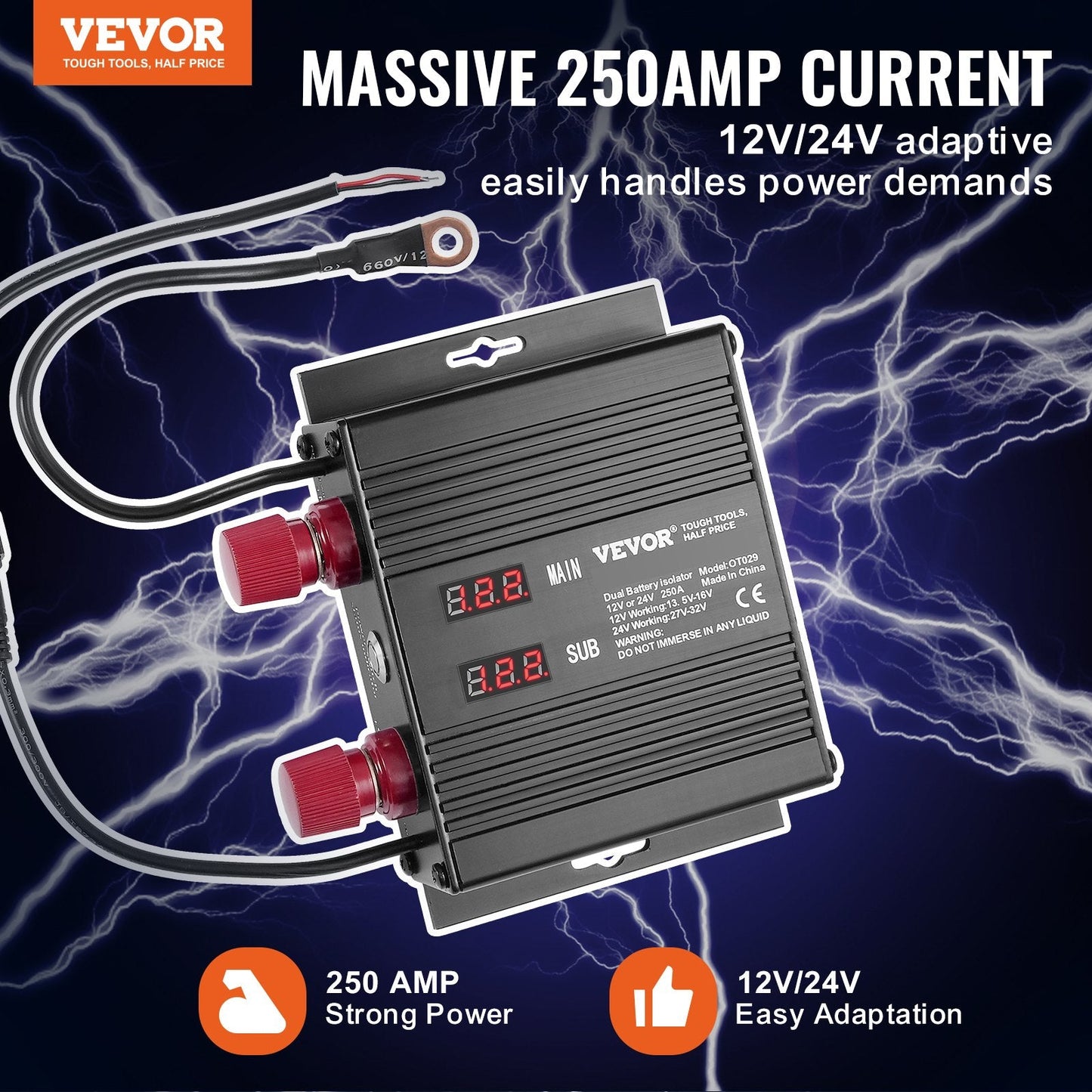 Dual Battery Isolator with LCD Display, 250A VSR for 12V/24V Systems