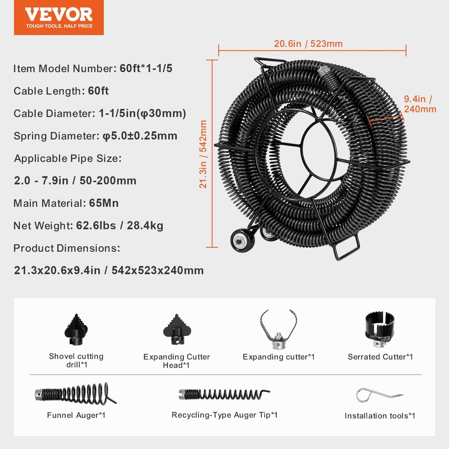 Professional 18m Drain Cleaning Cable with 6 Cutters for 50-200mm Pipes
