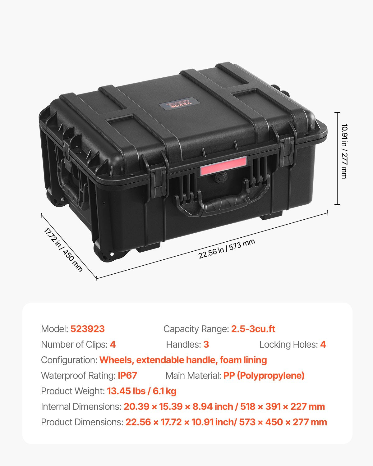VEVOR 2.5 Cu.ft Weatherproof Hard Case Rolling Wheels & Retractable Handle Black