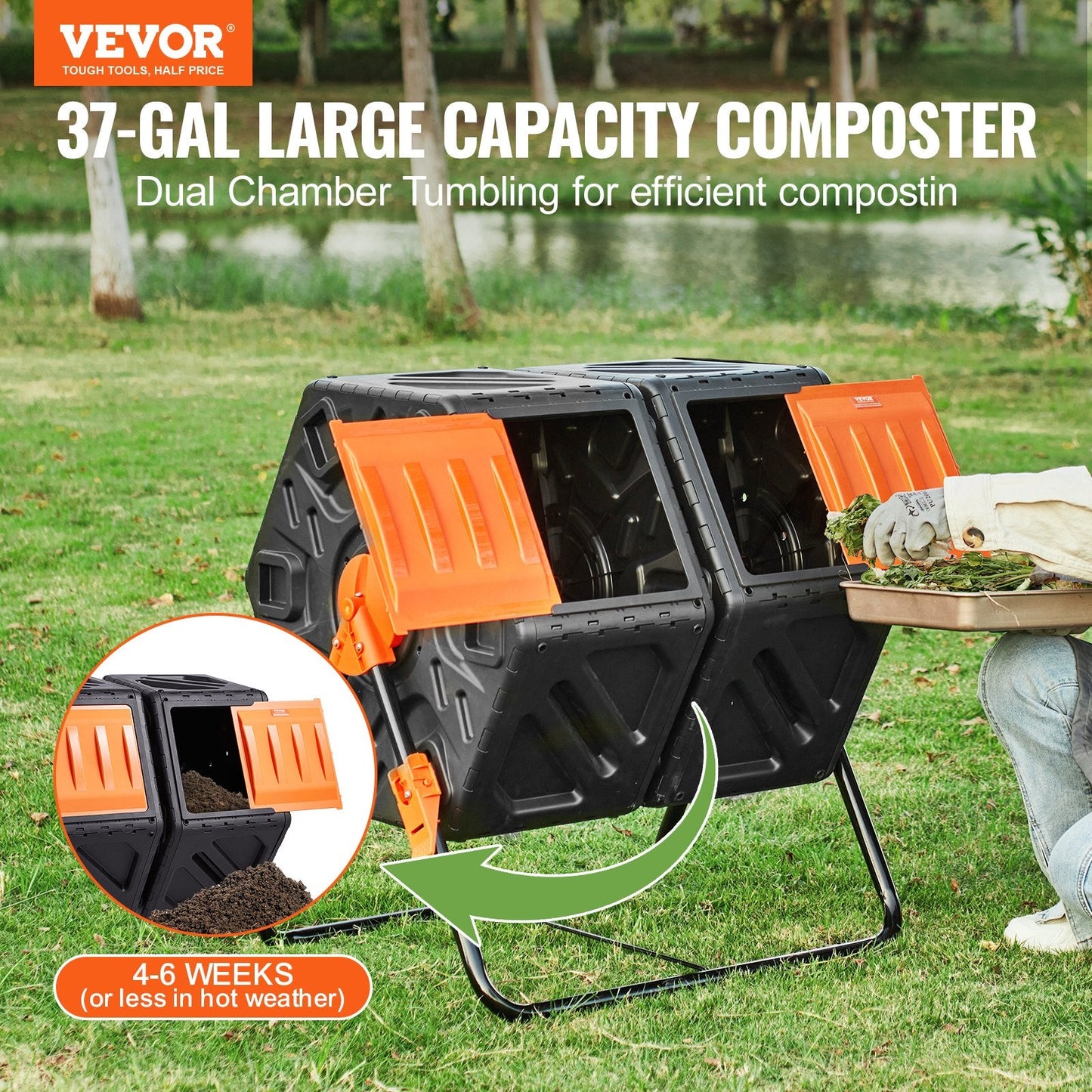 Dual-Chamber 140L Compost Tumbler with Rotating Sliding Doors, 0.79m Height