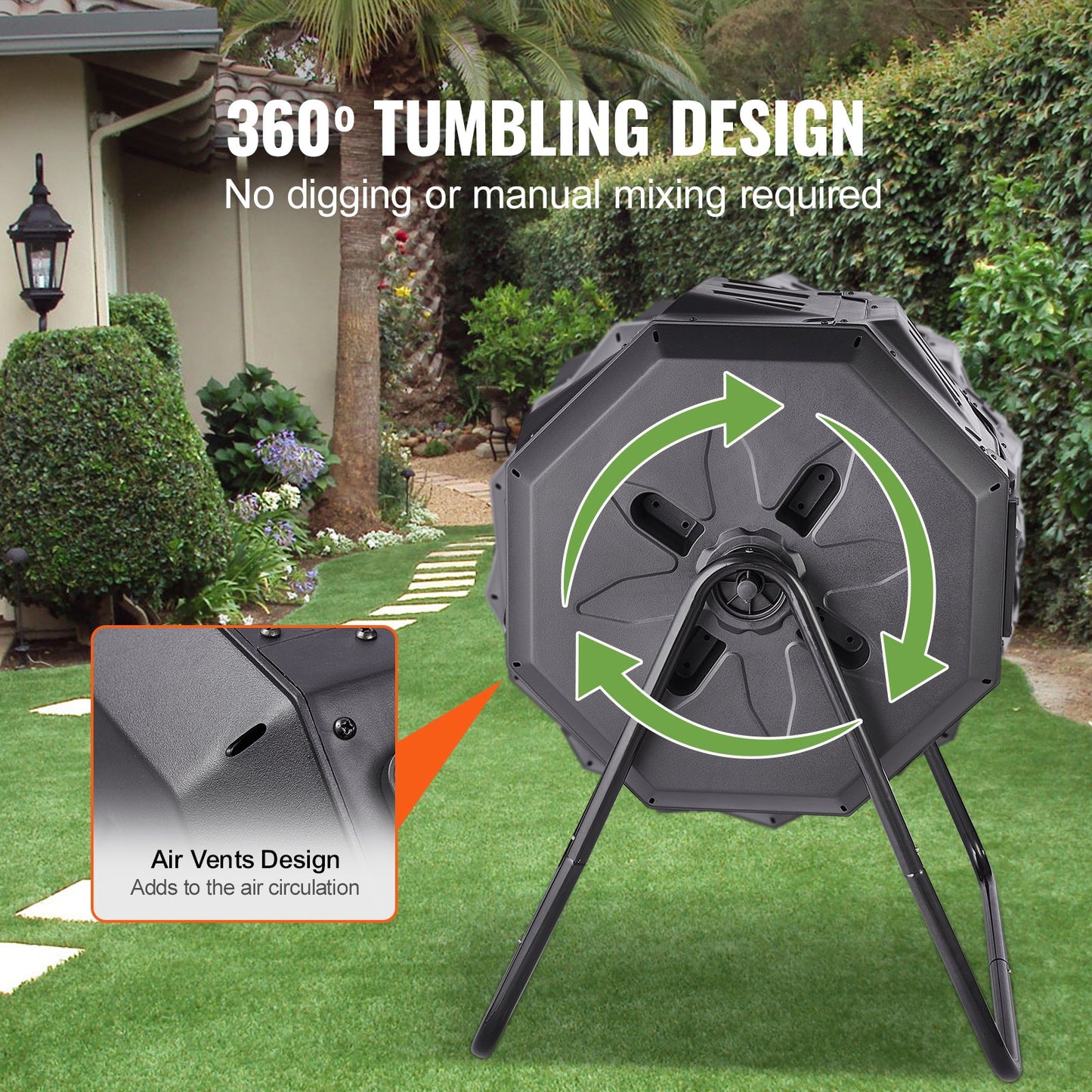 VEVOR Compost Bin 43 Gal Dual-Chamber Composter Tumbler Rotating Sliding Doors