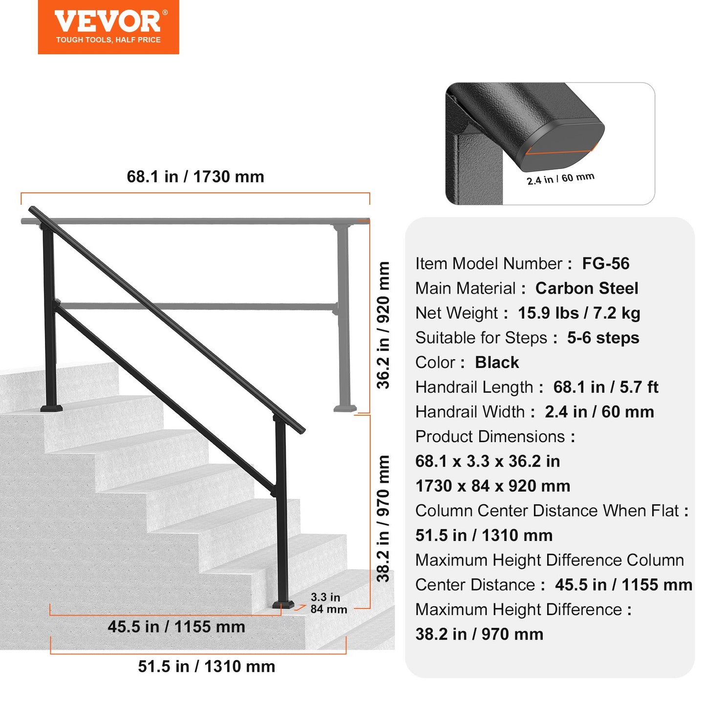 VEVOR 5-6 Handrails for Outdoor for Seniors Porch Deck Black Square Tube Steel