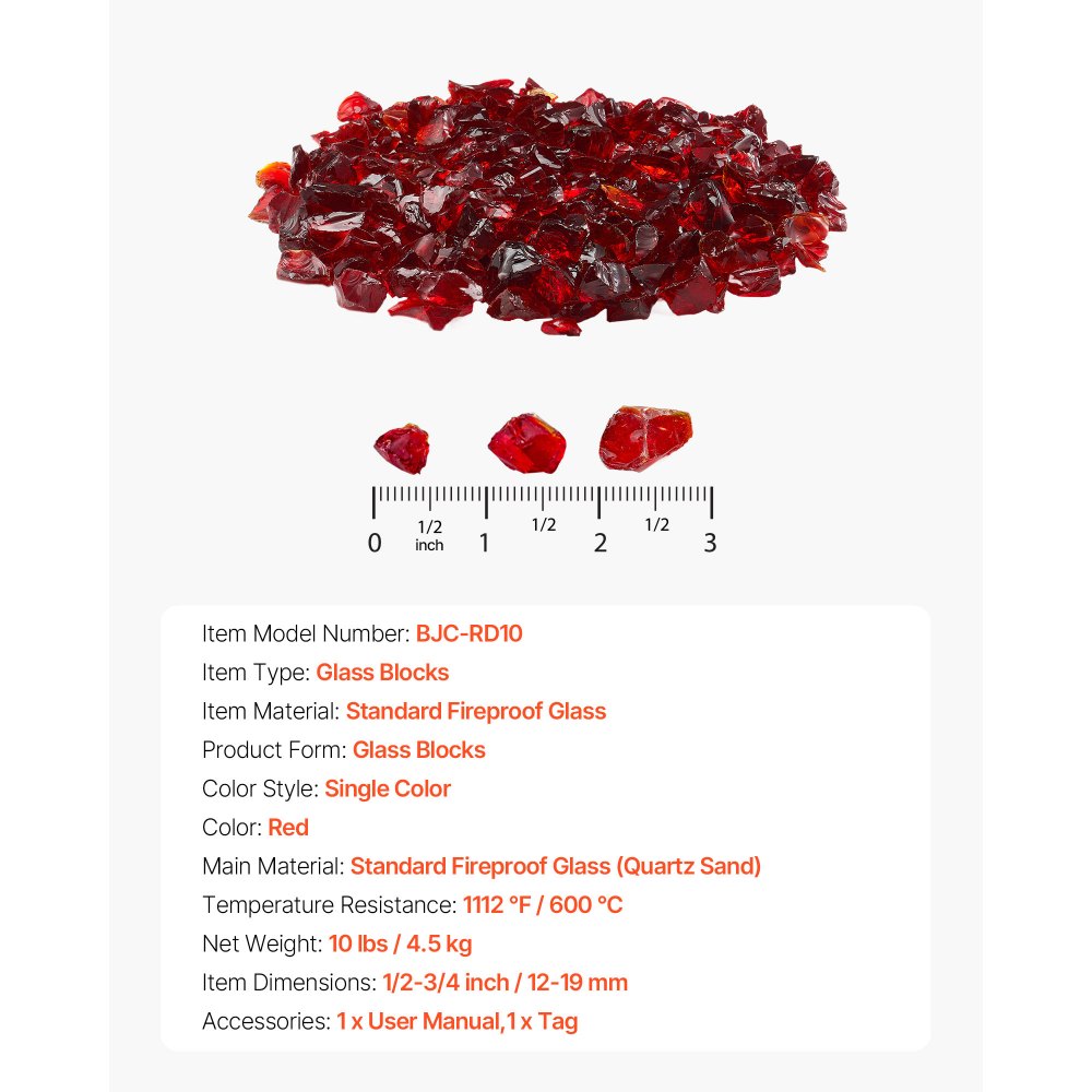4.5 KG Fire Glass 19.05 mm Fireplace Glass Rocks for Fire Pit Table Red