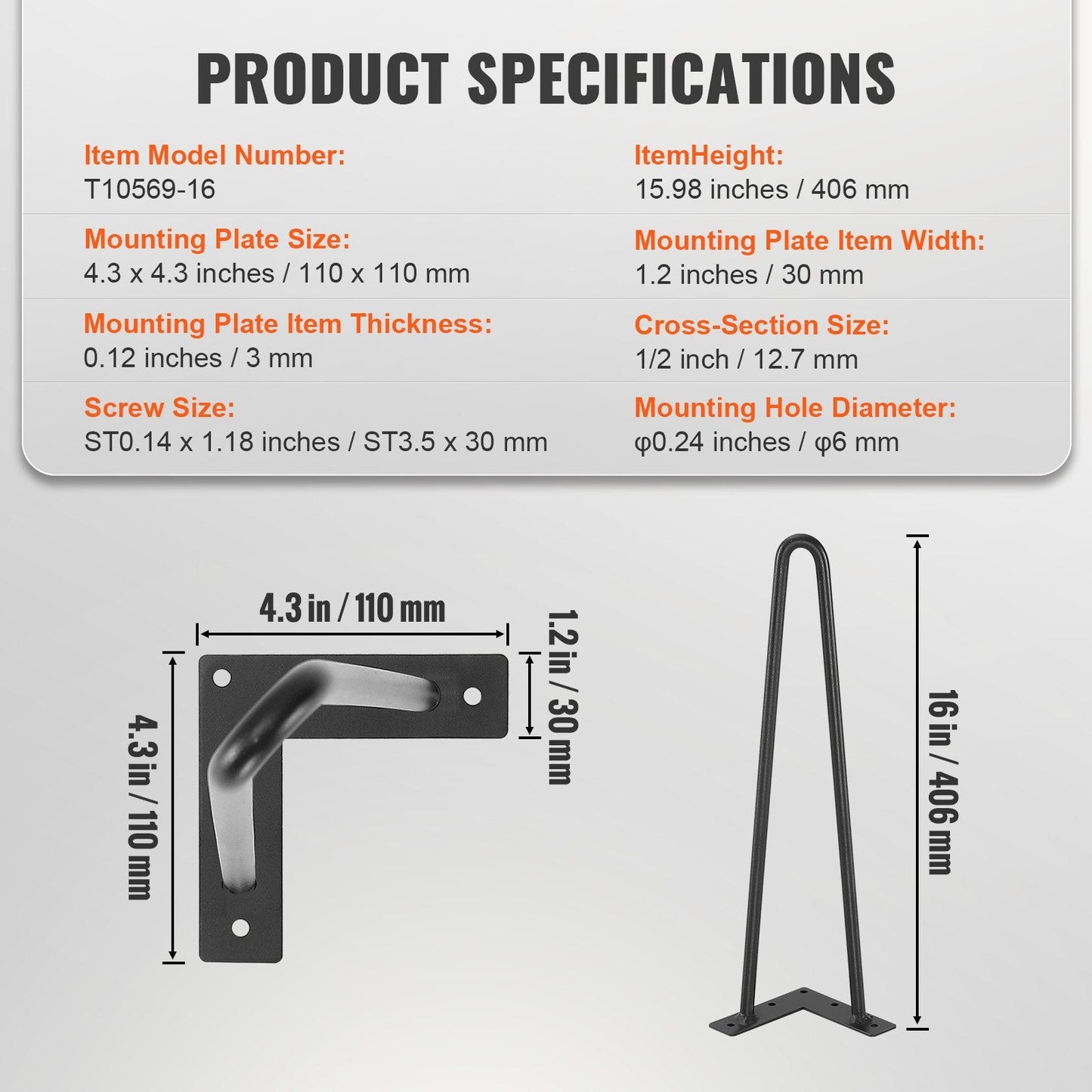16" Metal Hairpin Table Legs for DIY Furniture, 227kg Capacity, Set of 4
