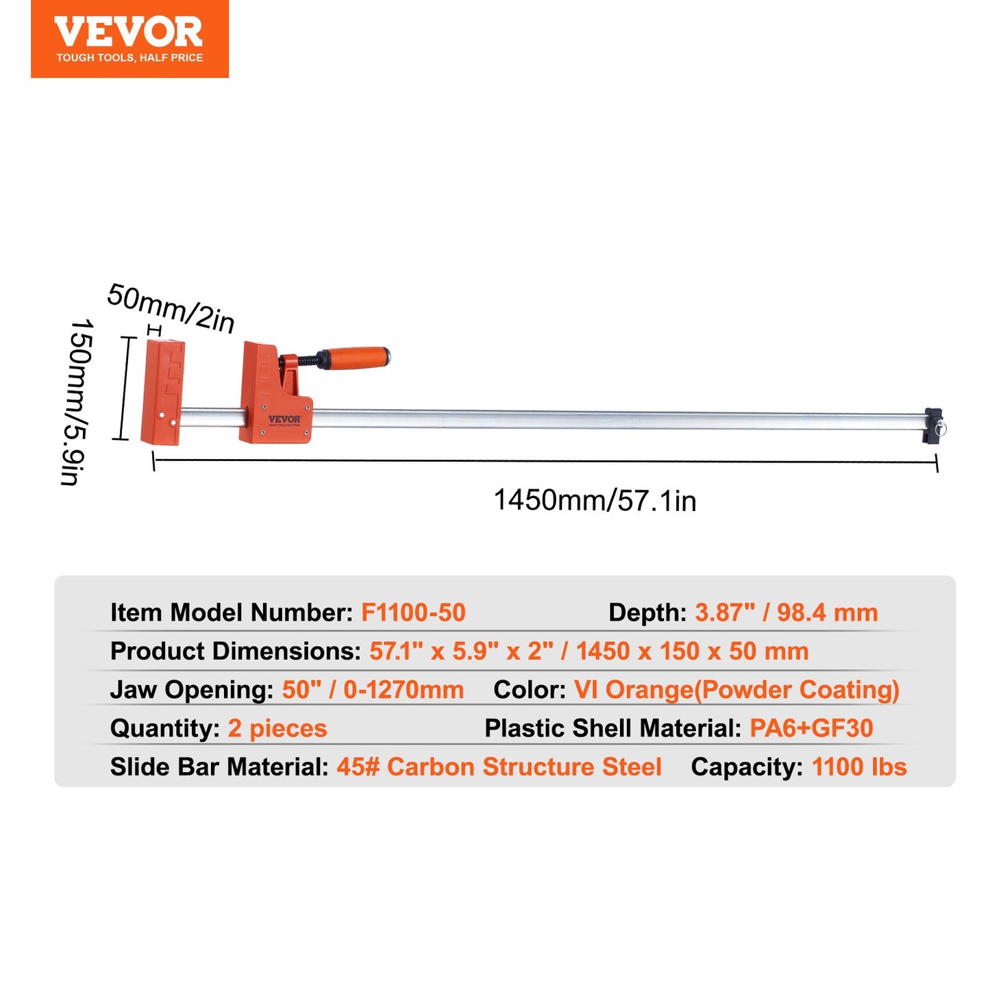 VEVOR Bar Clamps for Woodworking, 2-Pack 1270mm Parallel Clamp Set, F Clamp with