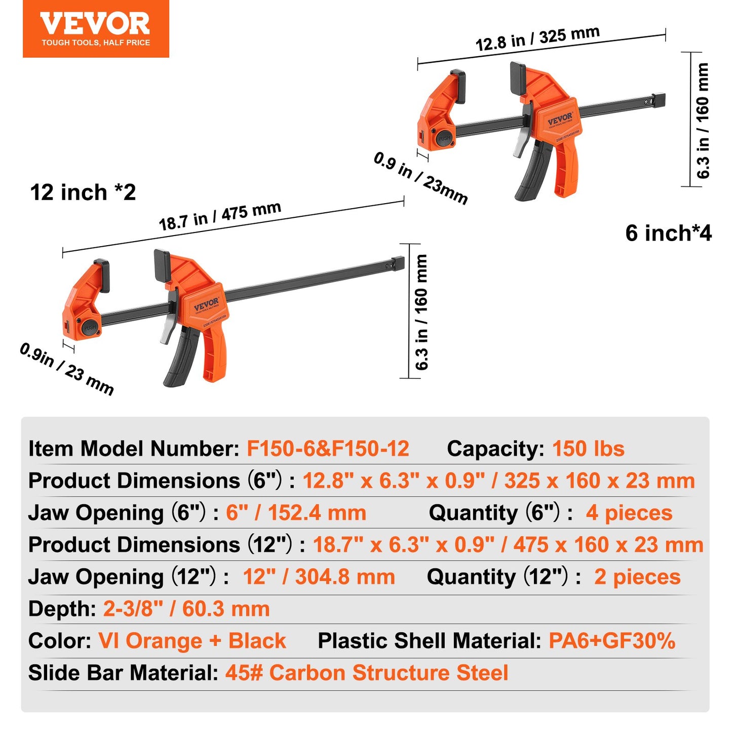 VEVOR Bar Clamps for Woodworking, 4-Pack 6" and 2-Pack 12" One-Handed Clamp/Spreader,