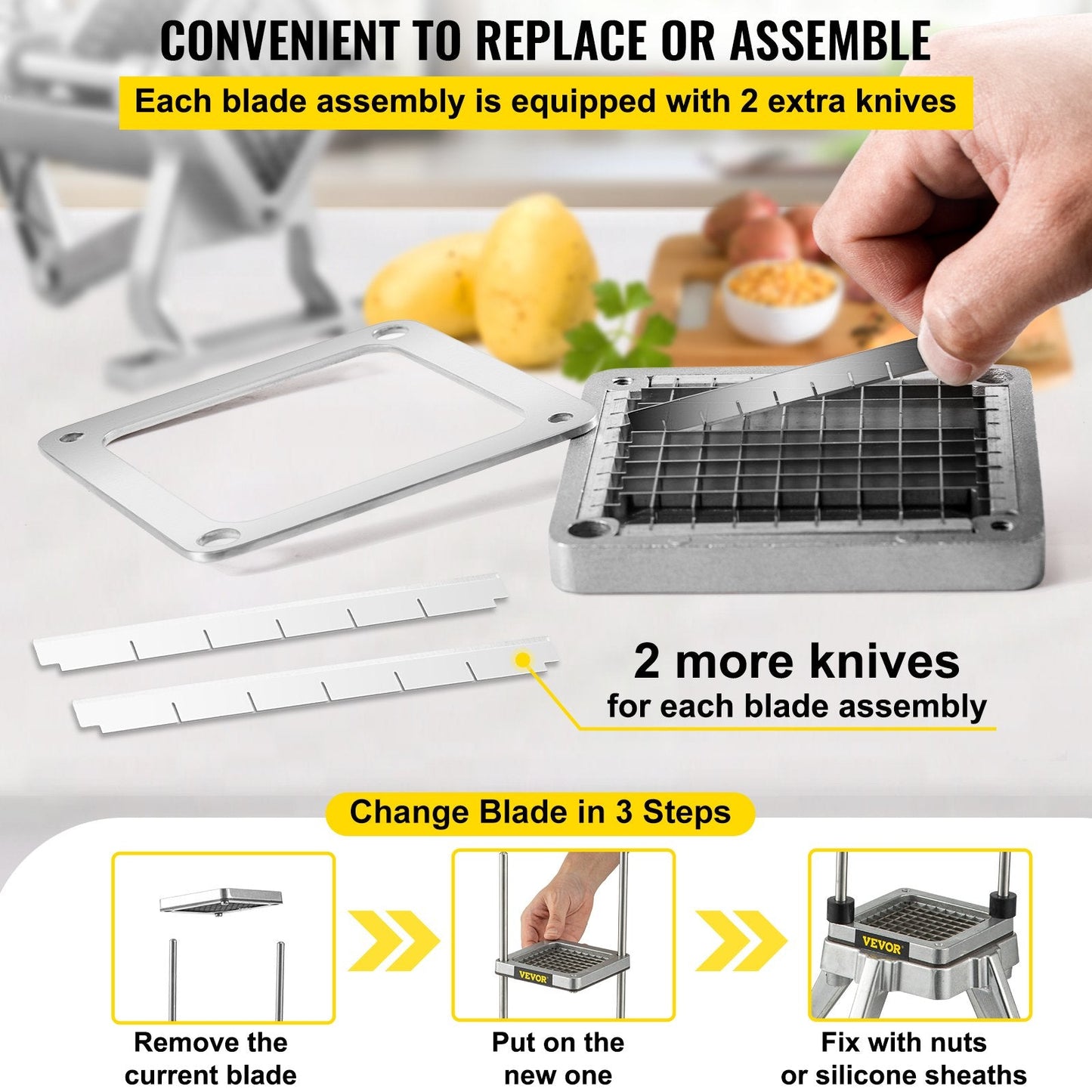 French Fry Cutter Replacement Set, Stainless Steel Blade & Push Block, 1/4 Meter