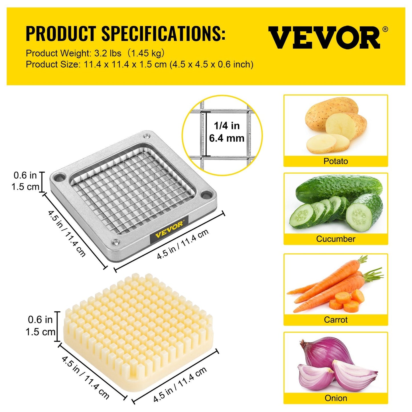 French Fry Cutter Replacement Set, Stainless Steel Blade & Push Block, 1/4 Meter