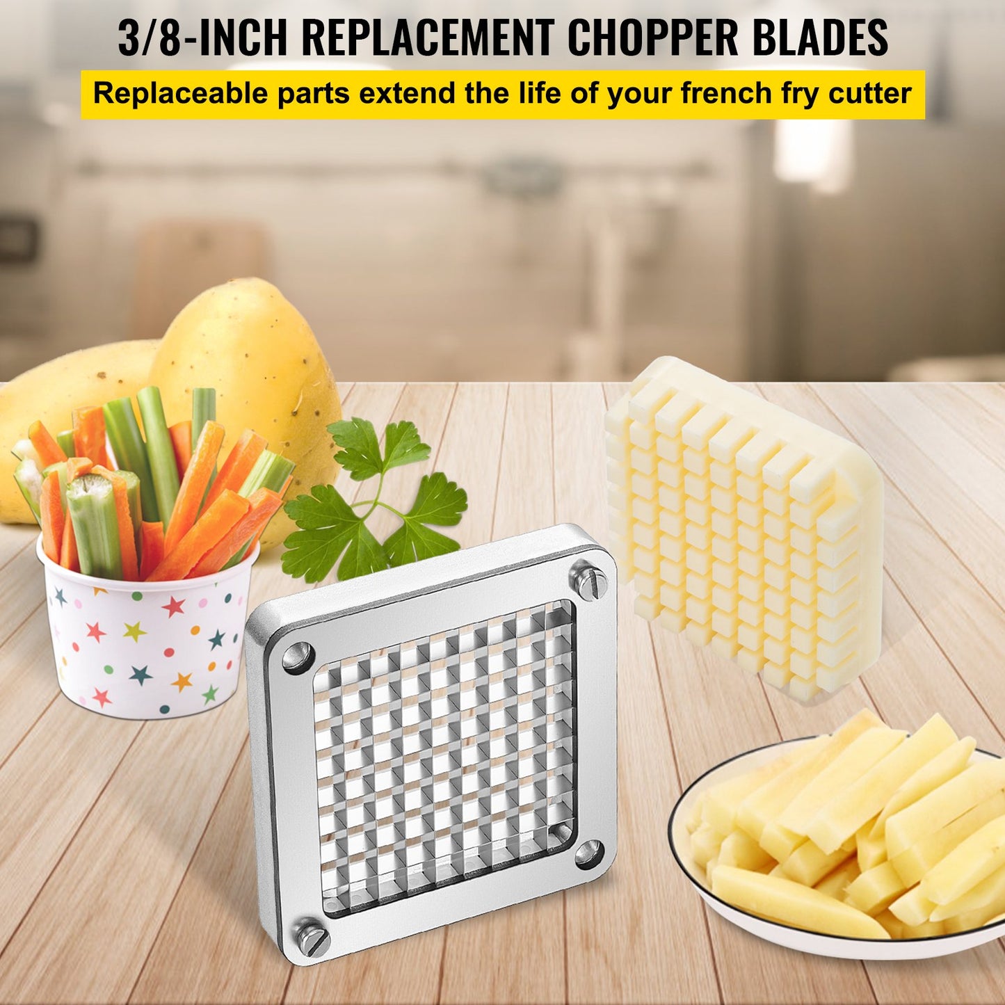 VEVOR French Fry Cutter Chopper Replacement Blade & Push Block 3/8-inch 3 Pieces