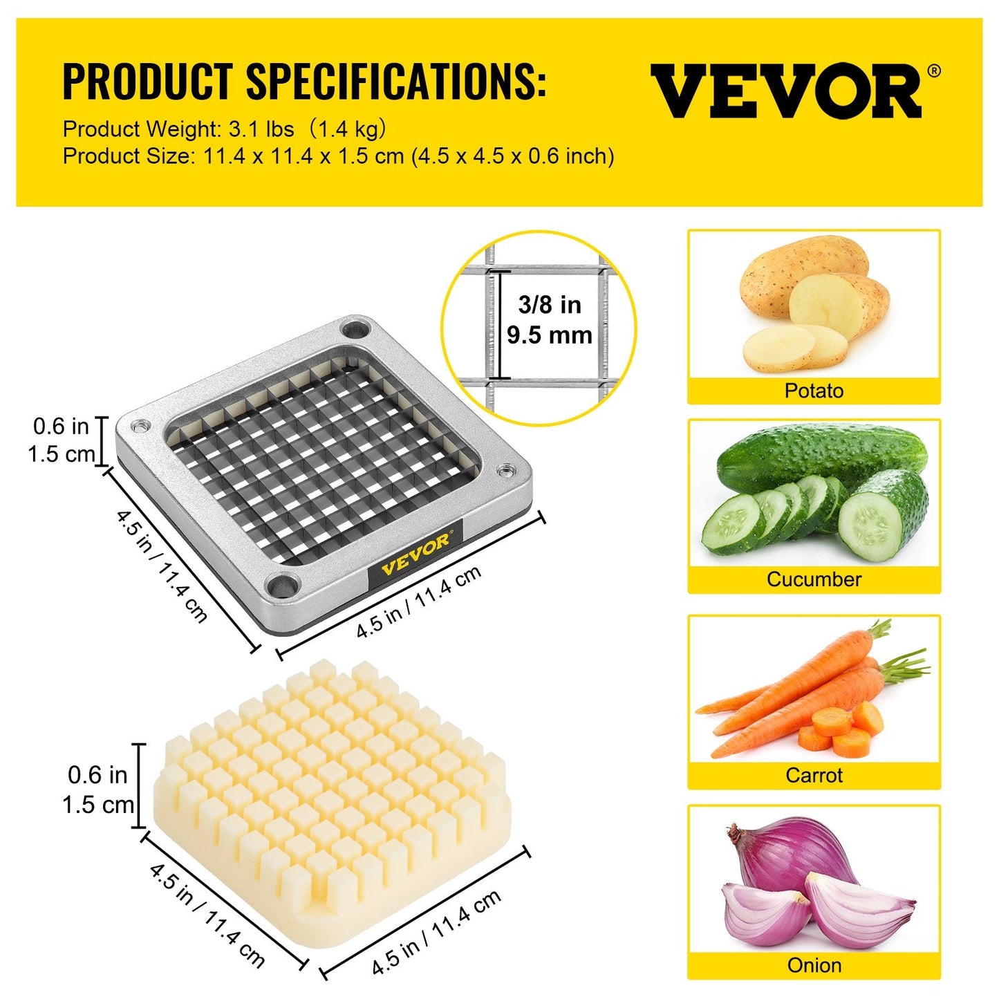 French Fry Cutter Replacement Set, 9.5 mm Blades & Push Block, 3 Pieces