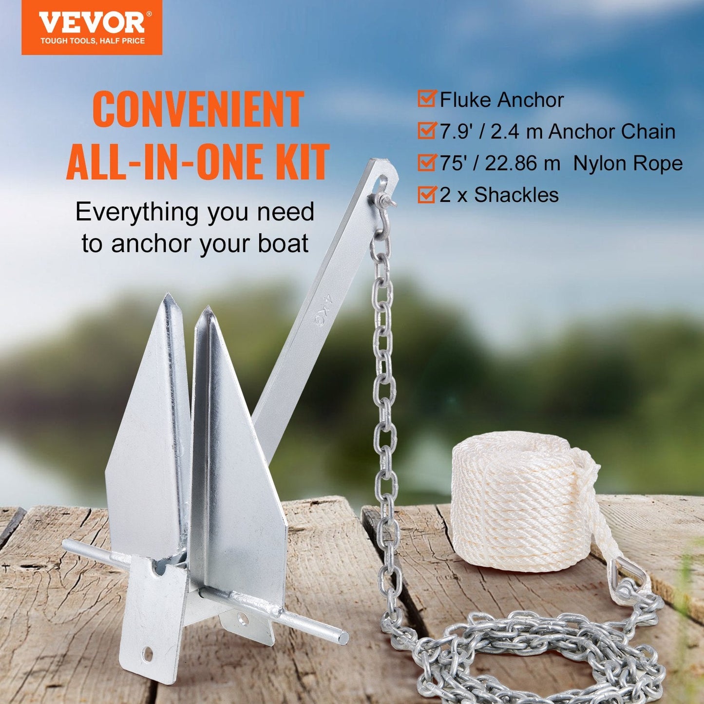 Galvanized Steel Fluke Anchor Kit with 4 kg Anchor and 22.86 m Nylon Rope