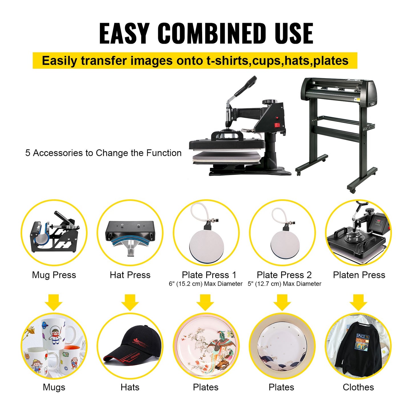 Vevor 5 in 1 Heat Press 12"x15" Transfer Cap 28" Vinyl Cutter Plotter Cutting 3