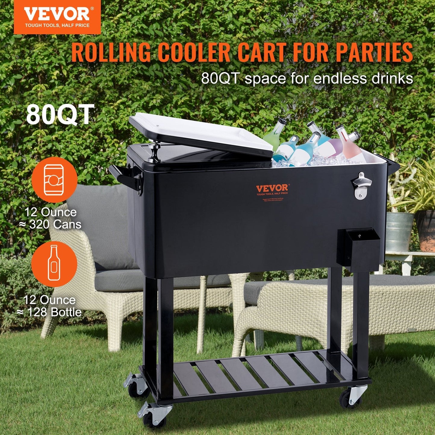 Large 80QT Portable Rolling Cooler Cart with Wheels & Opener, Black (18 kg)