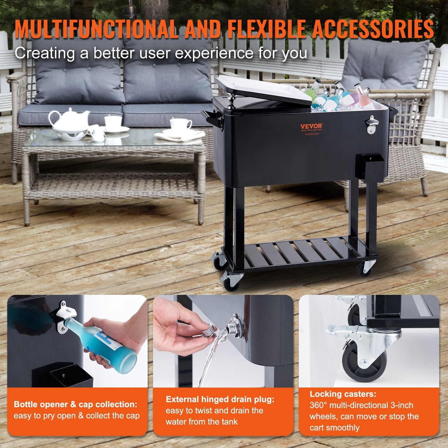 Large 80QT Portable Rolling Cooler Cart with Wheels & Opener, Black (18 kg)