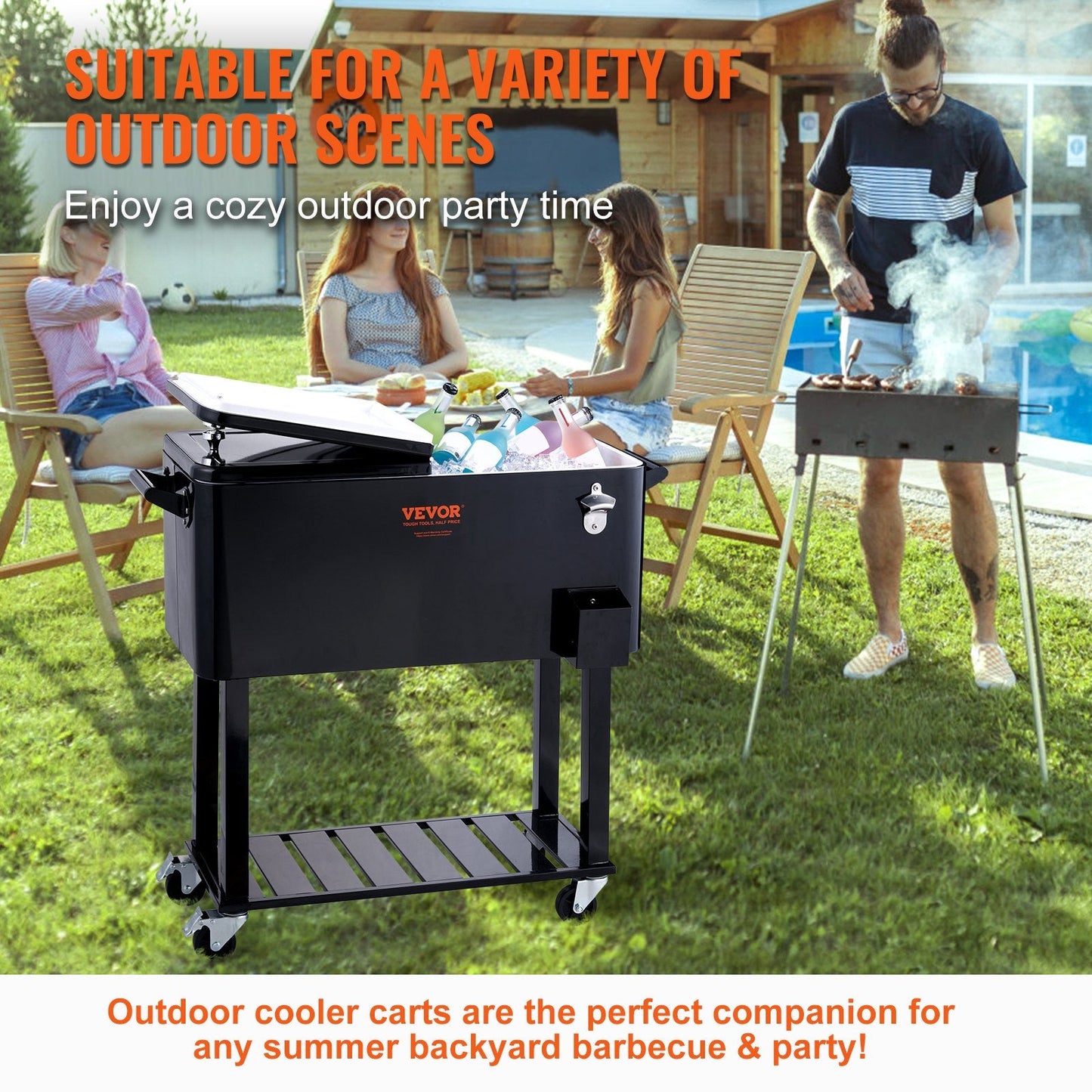 Large 80QT Portable Rolling Cooler Cart with Wheels & Opener, Black (18 kg)
