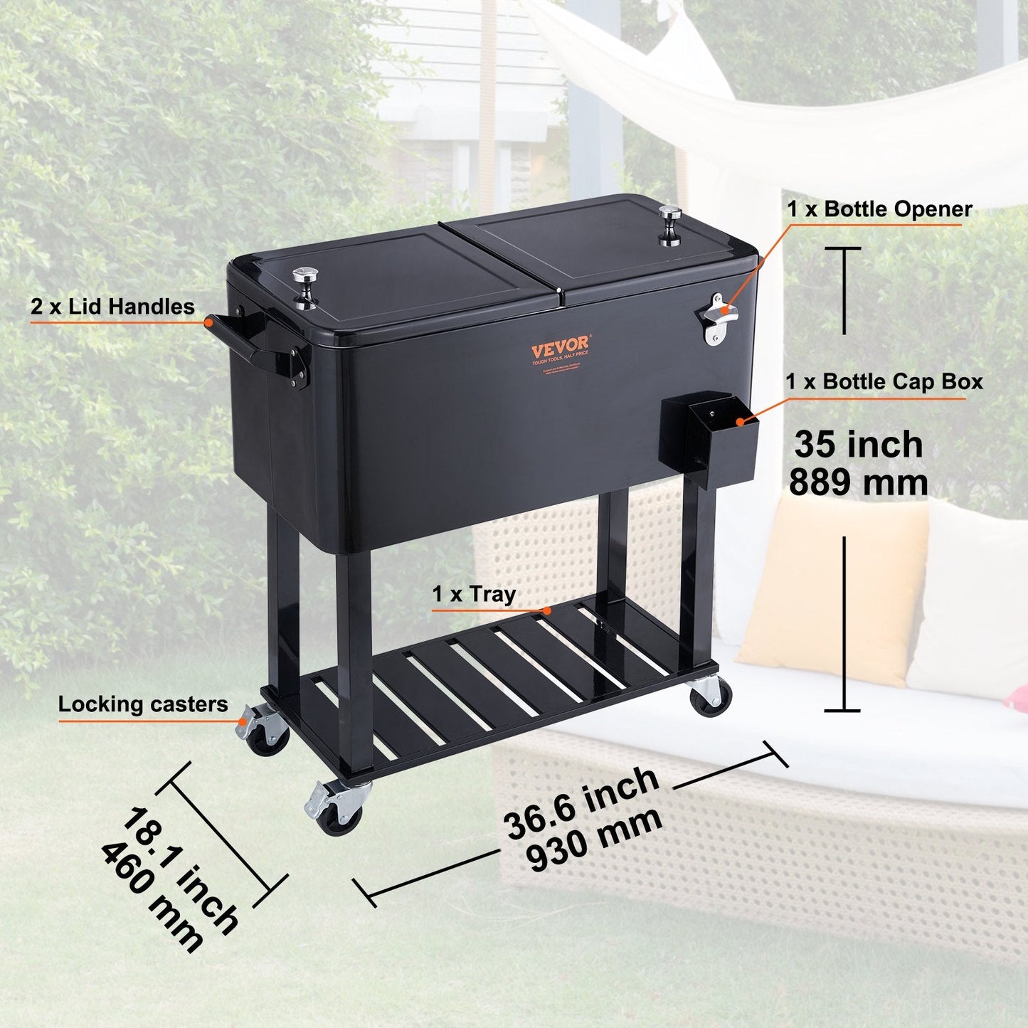 Large 80QT Portable Rolling Cooler Cart with Wheels & Opener, Black (18 kg)