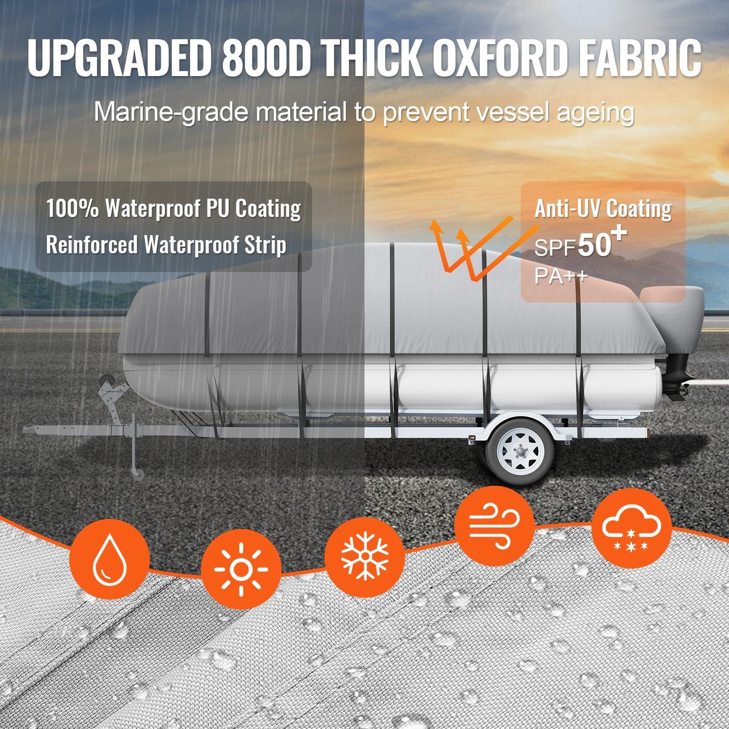 Durable 800D Waterproof Pontoon Boat Cover for 7-7.3 Meter Boats with Bag