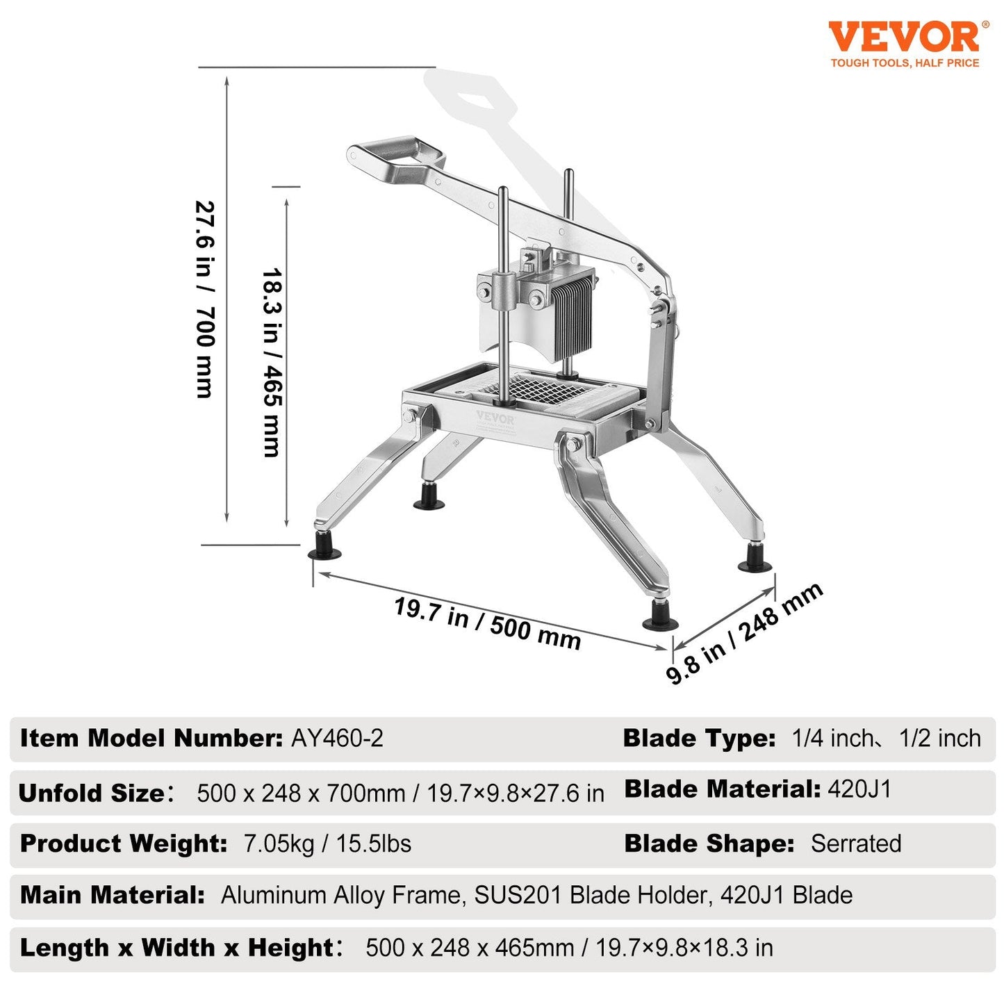 Commercial Stainless Steel Vegetable Slicer, 0.64 & 1.27 cm Blades, Manual Cutter