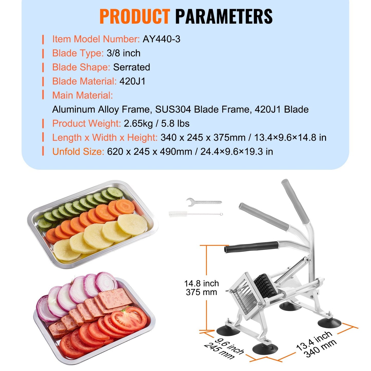 Commercial Vegetable & Fruit Slicer, Stainless Steel, 3/8 m Blade, 2.65 kg Weight