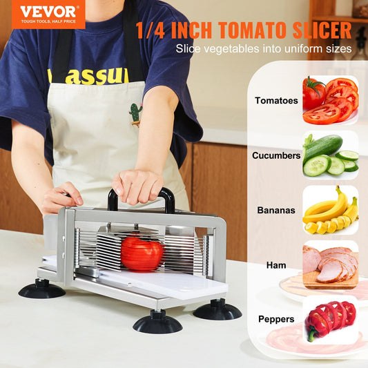 Heavy-duty stainless steel manual tomato cutter with serrated blades and reliable slicing performance