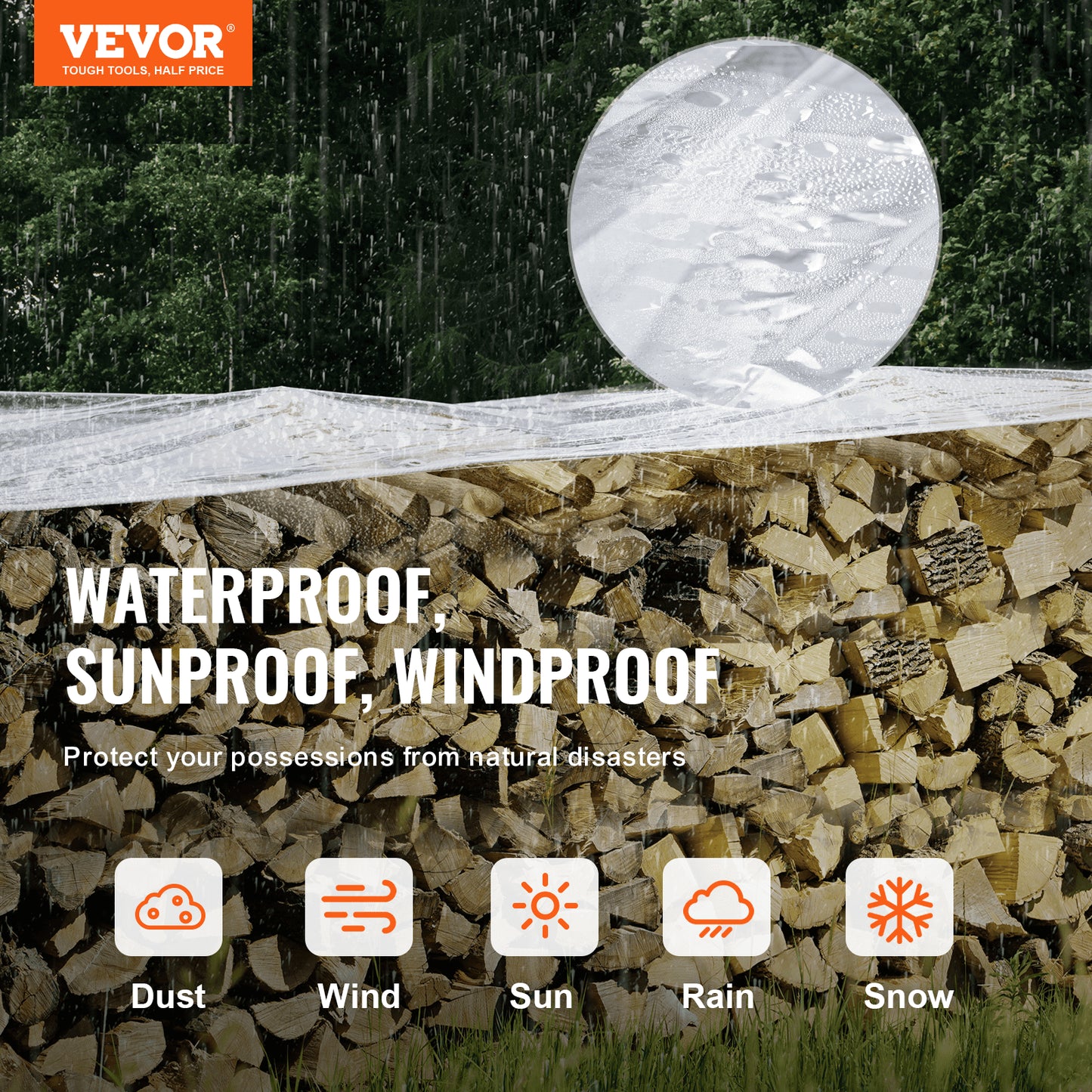 VEVOR Clear Vinyl Tarp, 2 x 2.99 m Clear Vinyl Patio Enclosure, Tear-Proof and Waterproof