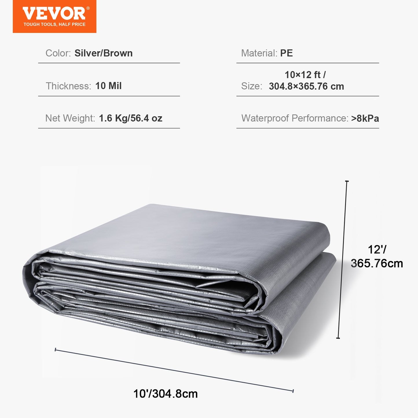 VEVOR Tarp Waterproof Tarpaulin 10 x 12 ft 10Mil Plastic Poly Tear UV Resistant