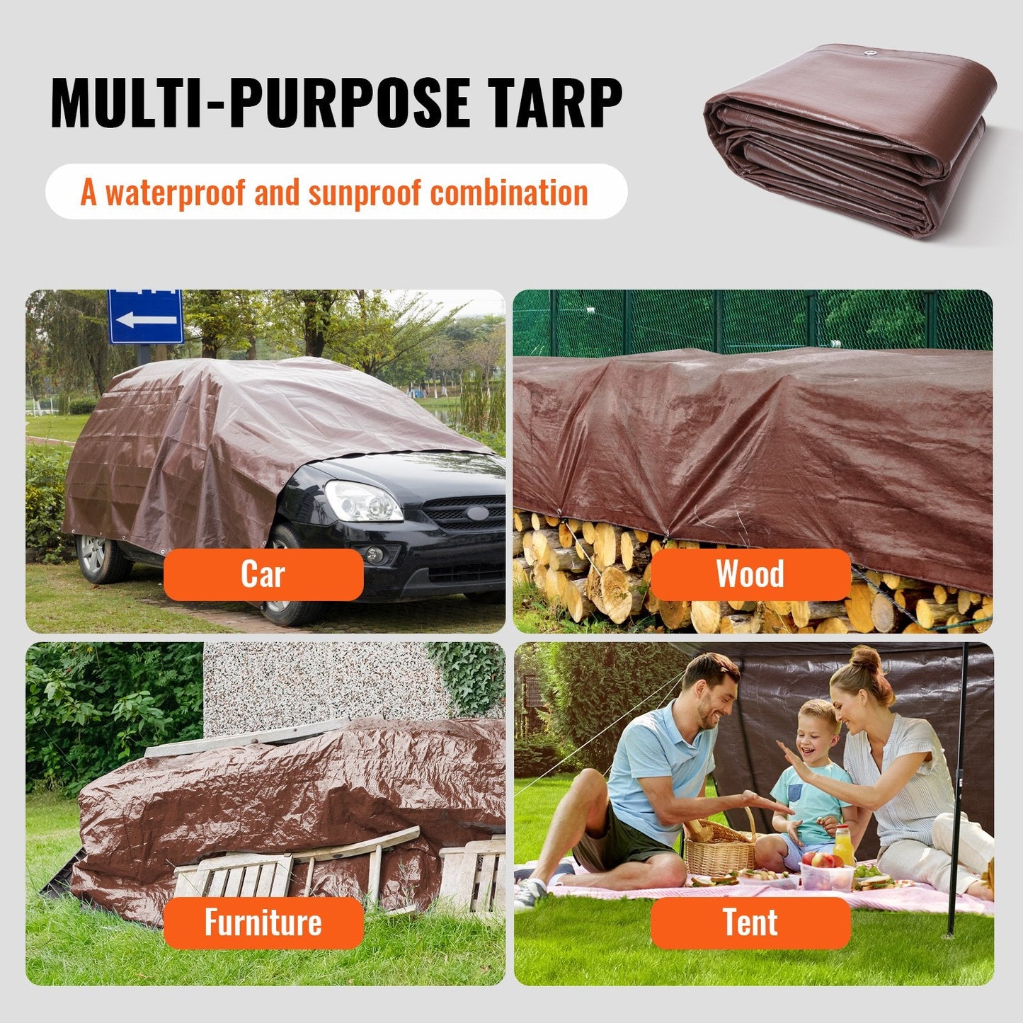 Heavy-Duty 3x3.6m Waterproof Tarpaulin, UV Resistant, Multi-Purpose Brown Cover