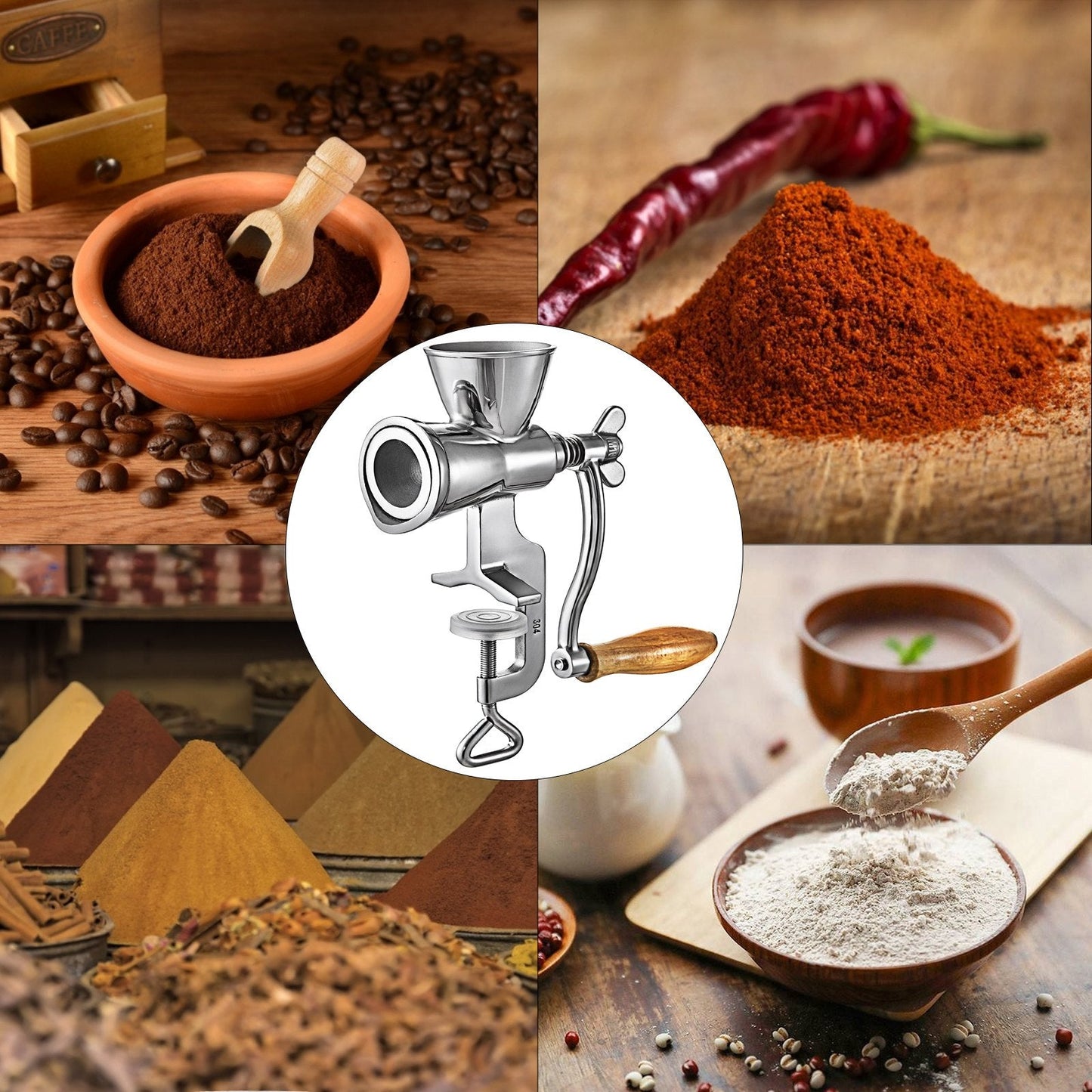 Stainless Steel Hand Crank Grain Mill with Table Clamp, 1.2 kg, 0.04 m Thick