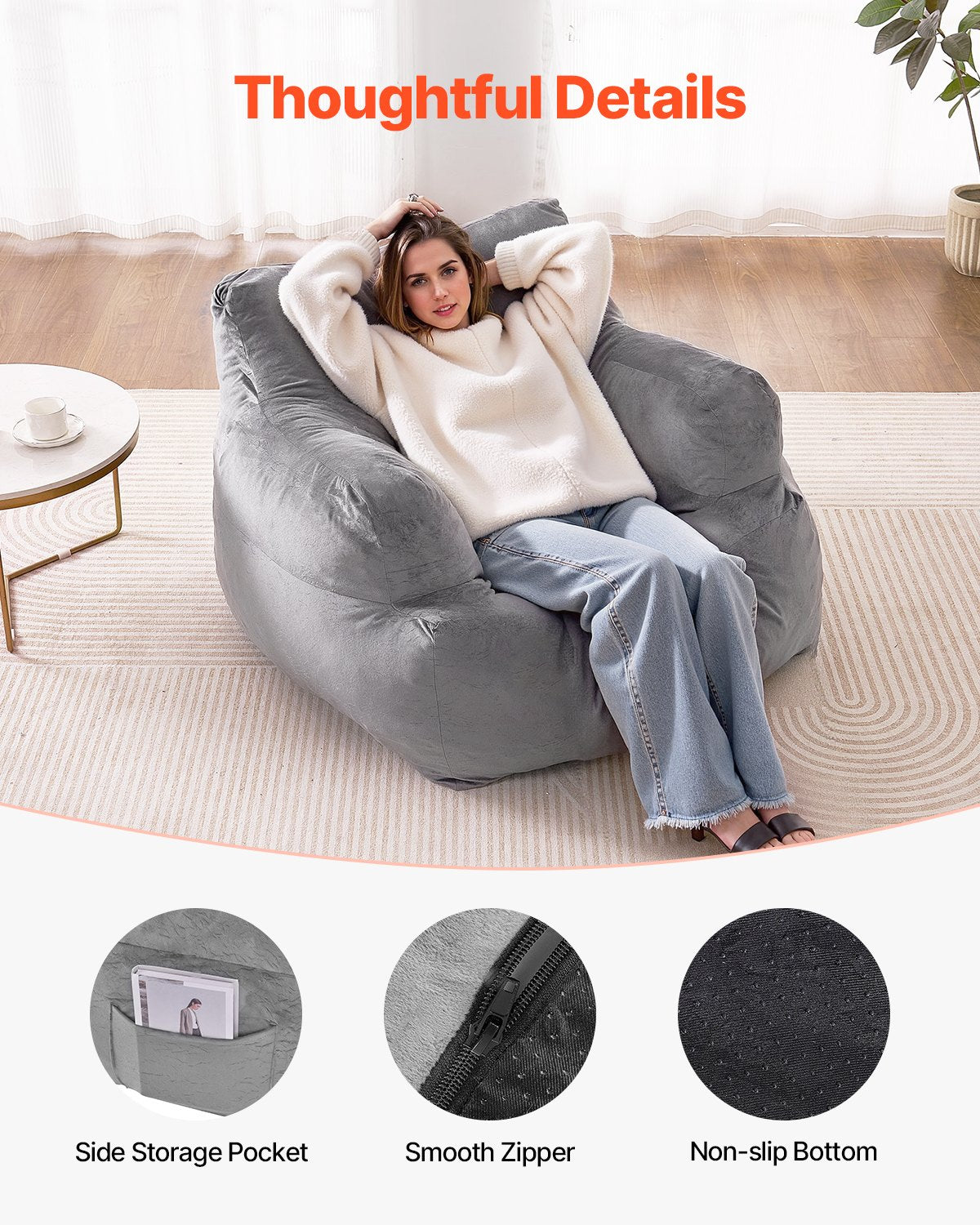 VEVOR Bean Bag Chair BeanBag Sofa Chair with Armrests for Adults Plush Grey