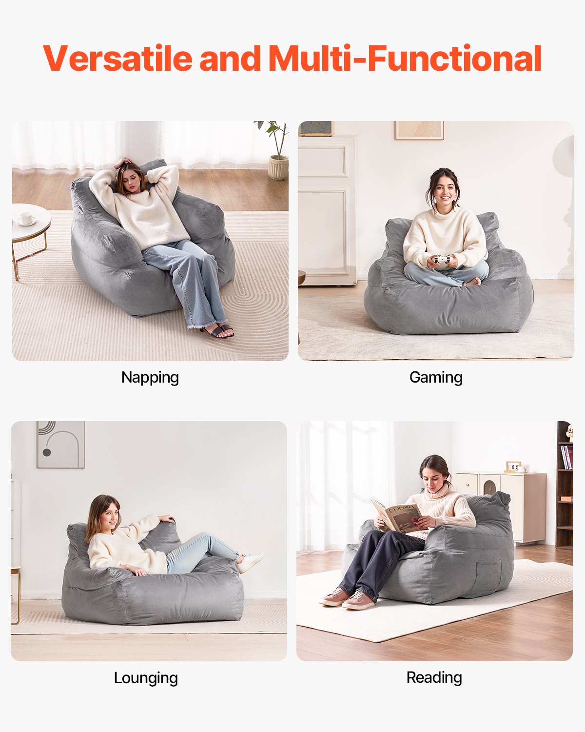 VEVOR Bean Bag Chair BeanBag Sofa Chair with Armrests for Adults Plush Grey