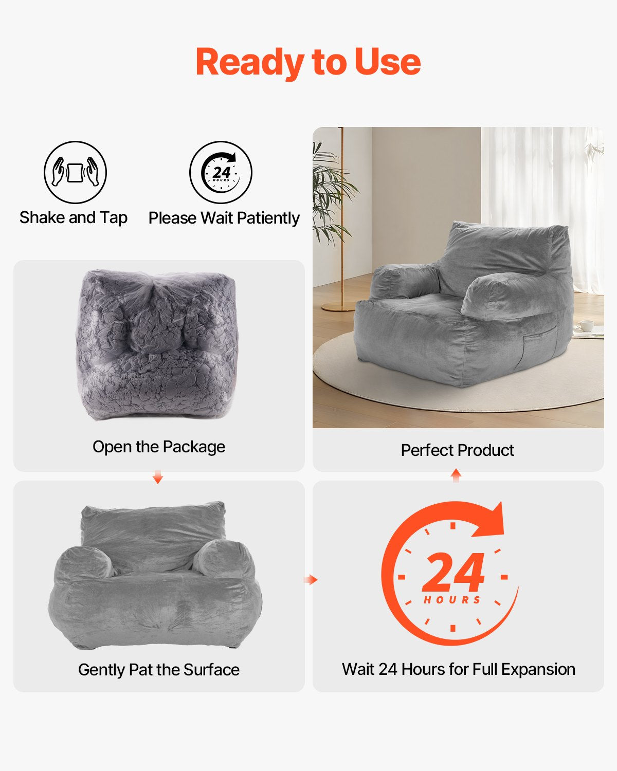 VEVOR Bean Bag Chair BeanBag Sofa Chair with Armrests for Adults Plush Grey