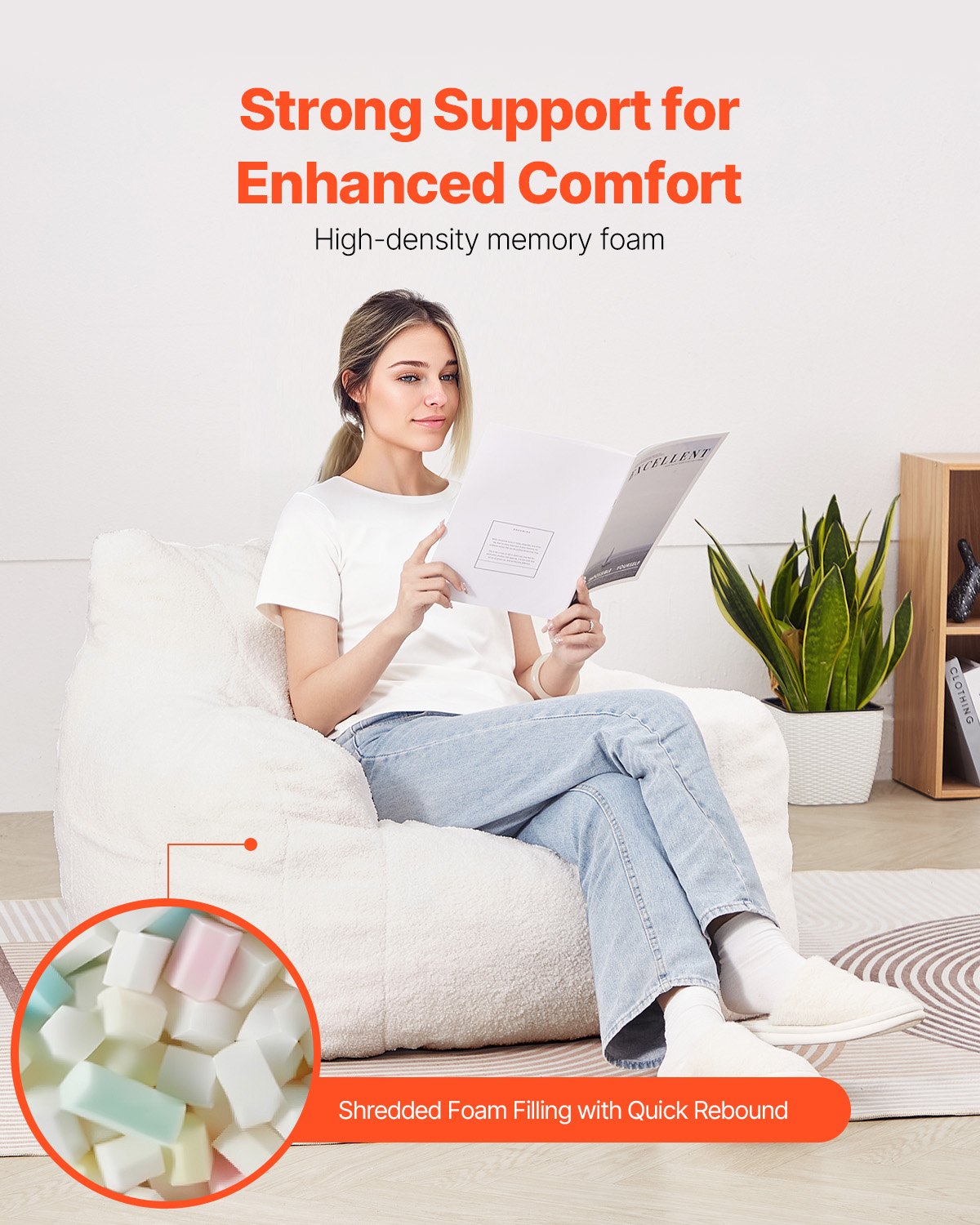 VEVOR 91 cm Bean Bag Chair with Soft Armrests and Storage Pocket White