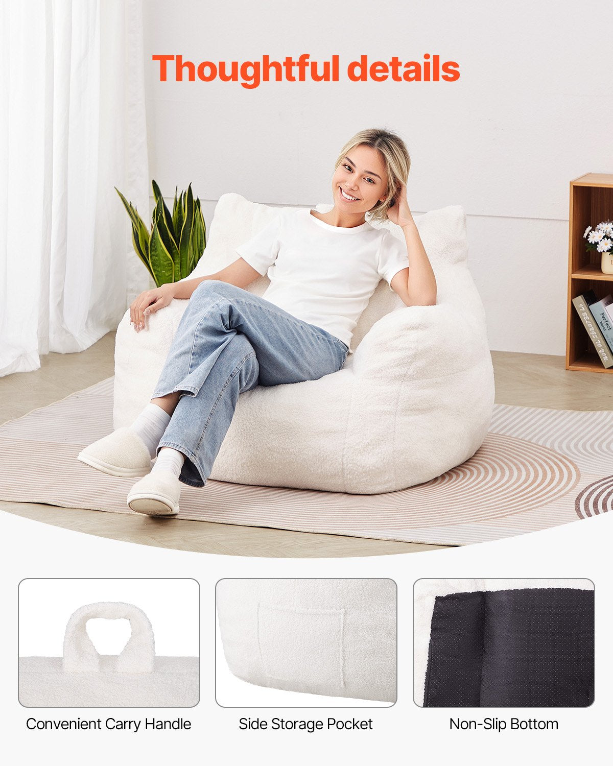 VEVOR 91 cm Bean Bag Chair with Soft Armrests and Storage Pocket White