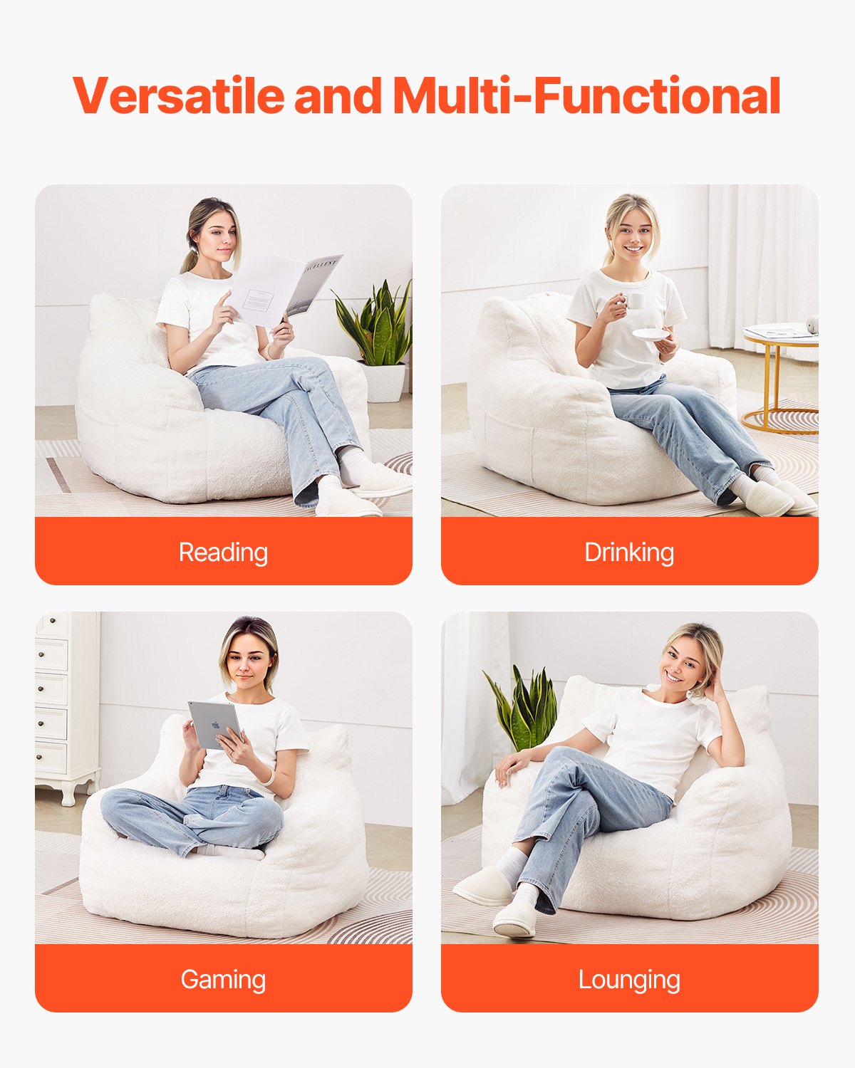 VEVOR 91 cm Bean Bag Chair with Soft Armrests and Storage Pocket White
