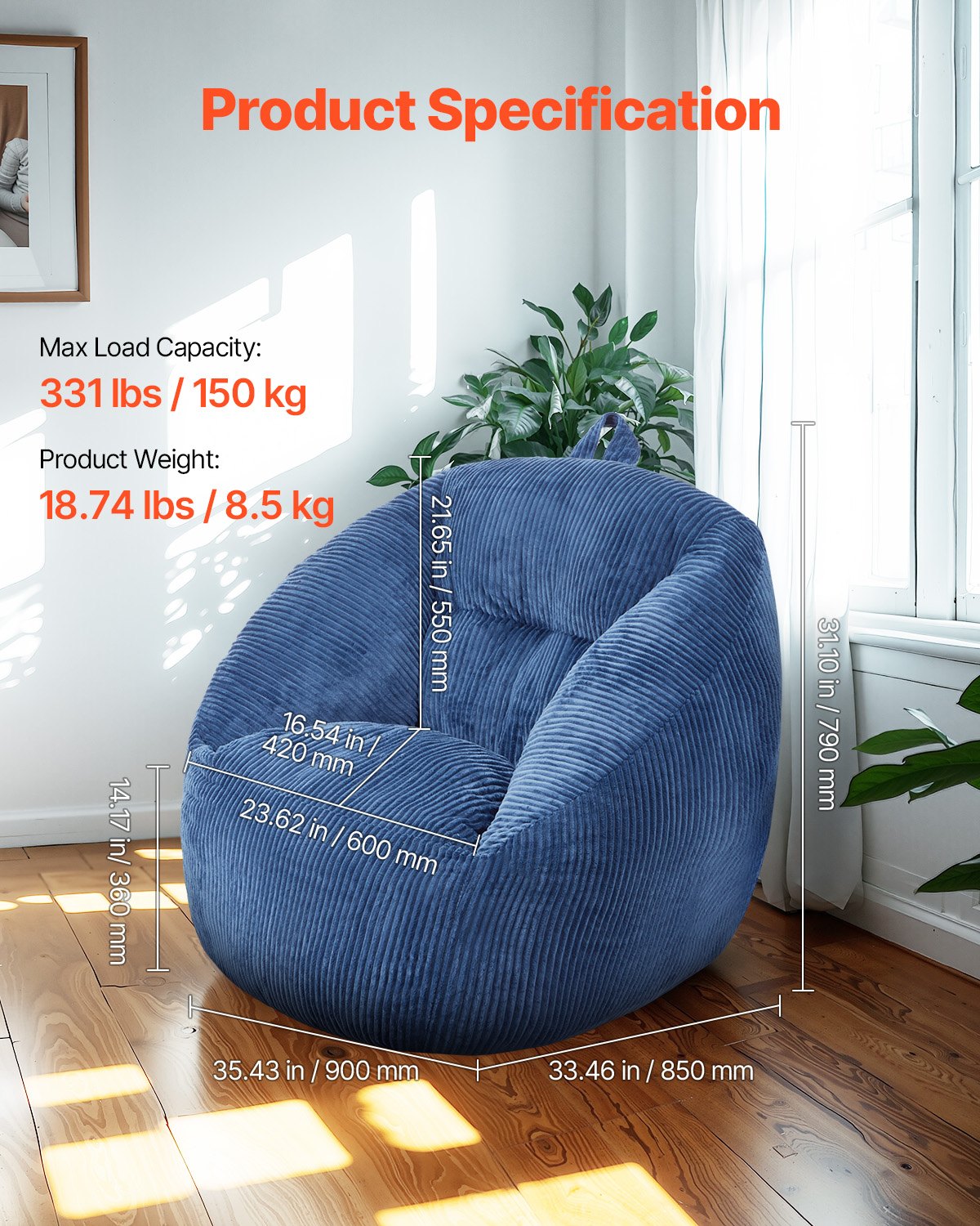 VEVOR 91 cm Bean Bag Chair with Soft Armrests and Storage Pocket Blue