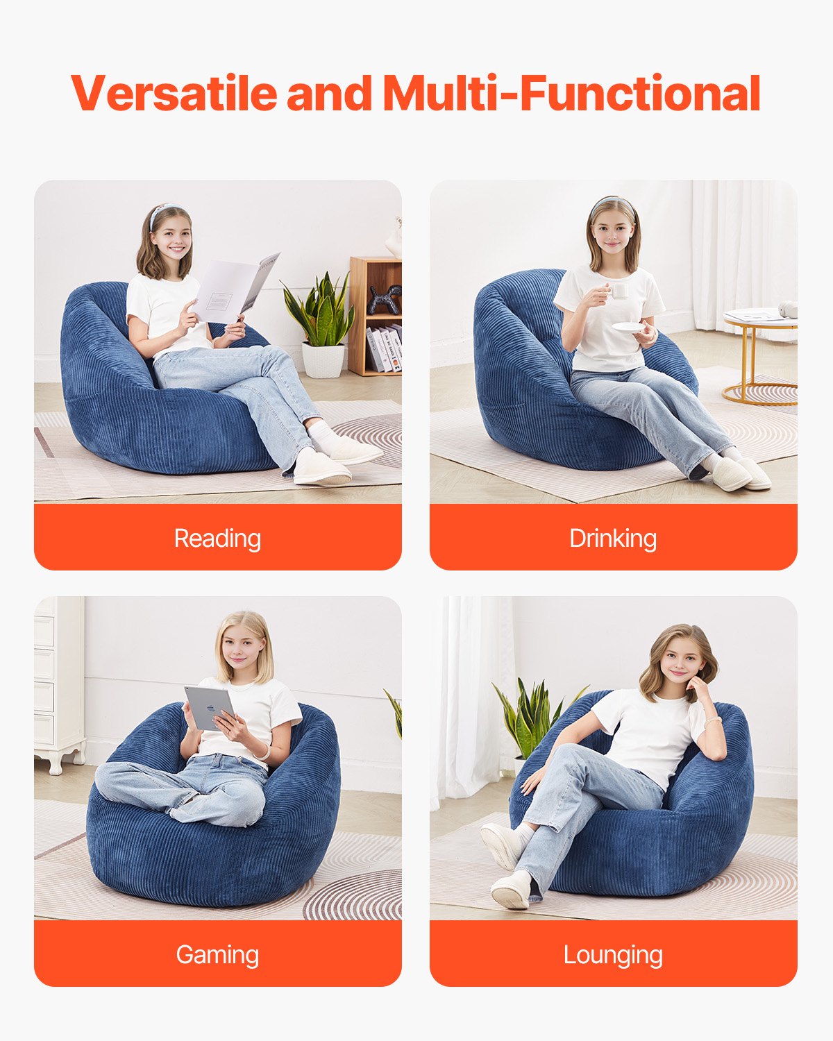 VEVOR 91 cm Bean Bag Chair with Soft Armrests and Storage Pocket Blue