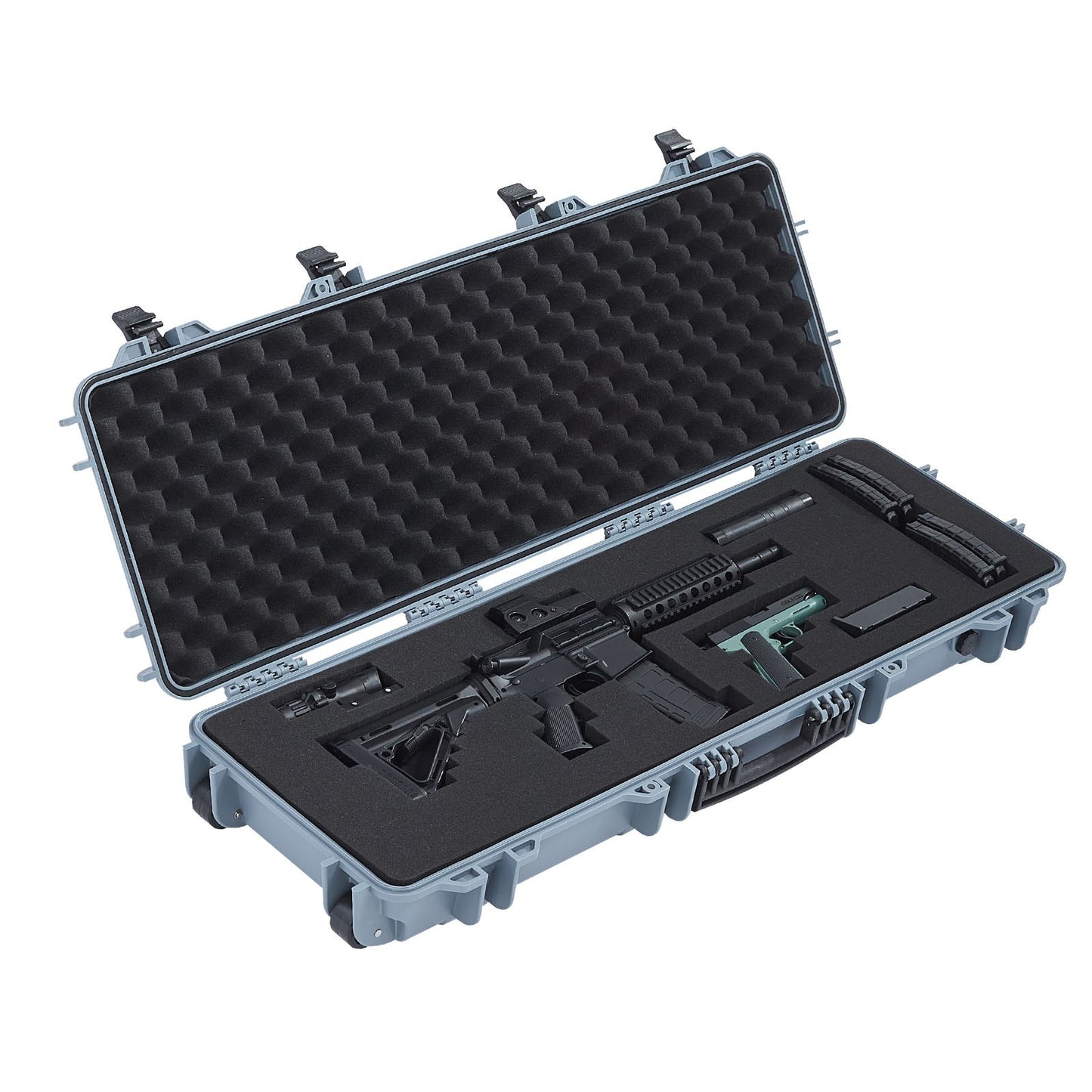 Hard Rifle Case, Lockable Rifle Case with Pre-cut Foams, 1016 mm Gun Storage with Wheels, IP67 Waterproof & Dustproof Movable Large Pistol Storage for Rifles, Shotguns, Airsoft Guns, Grey