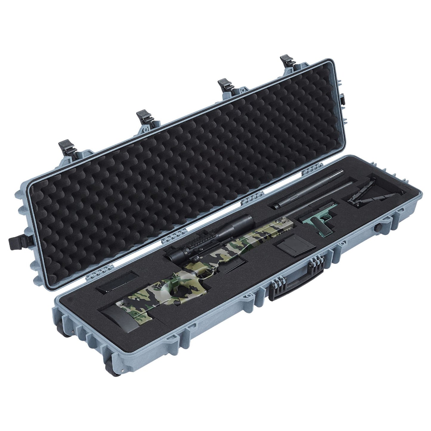 Hard Rifle Case, Lockable Rifle Case with Pre-cut Foams, 1270 mm Movable Gun Storage with Wheels, IP67 Waterproof & Dustproof Pistol Storage for Rifle, Shotgun, Airsoft Gun, Grey