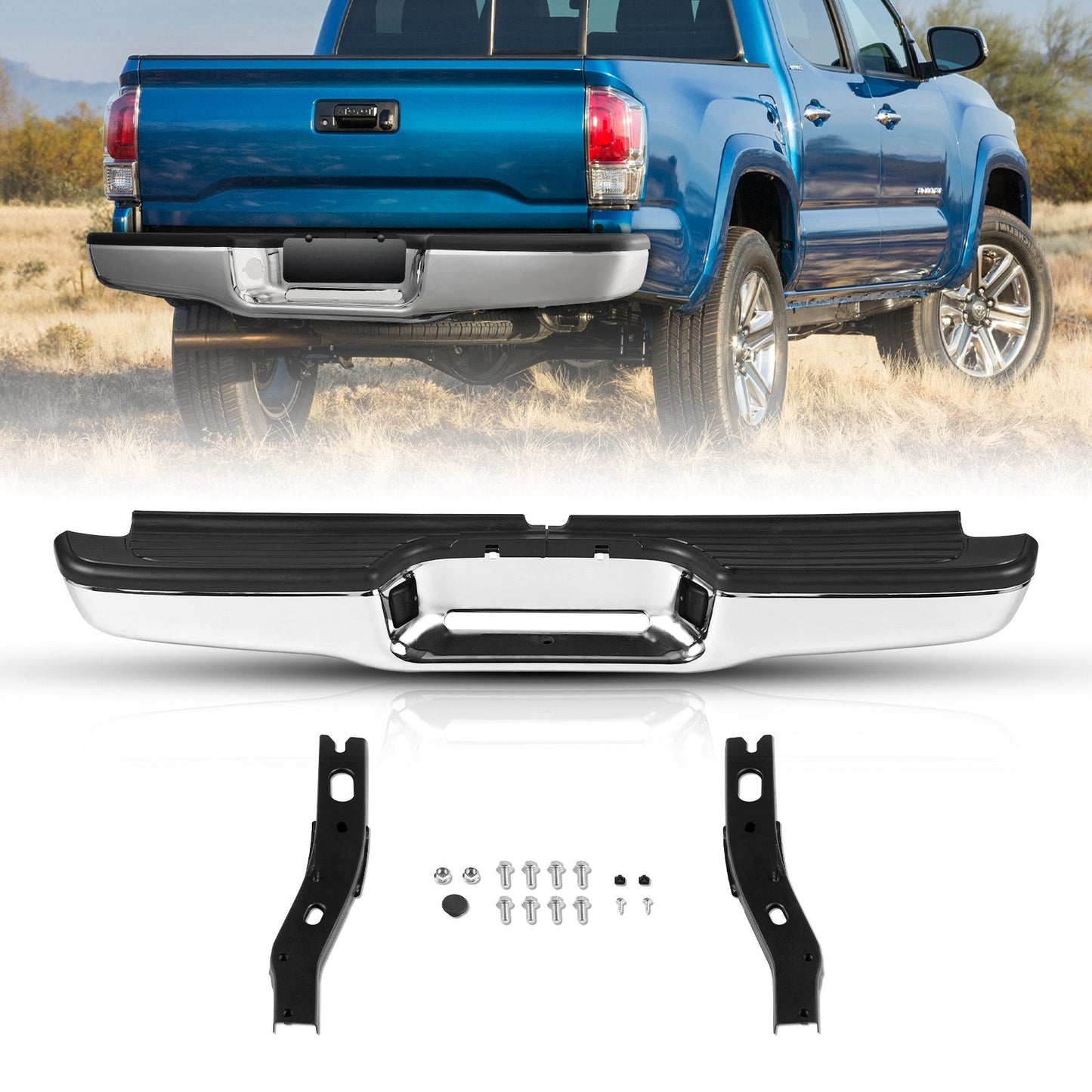 Chrome Steel Rear Bumper Assembly for 1995-2004 Toyota Tacoma, Impact Resistant