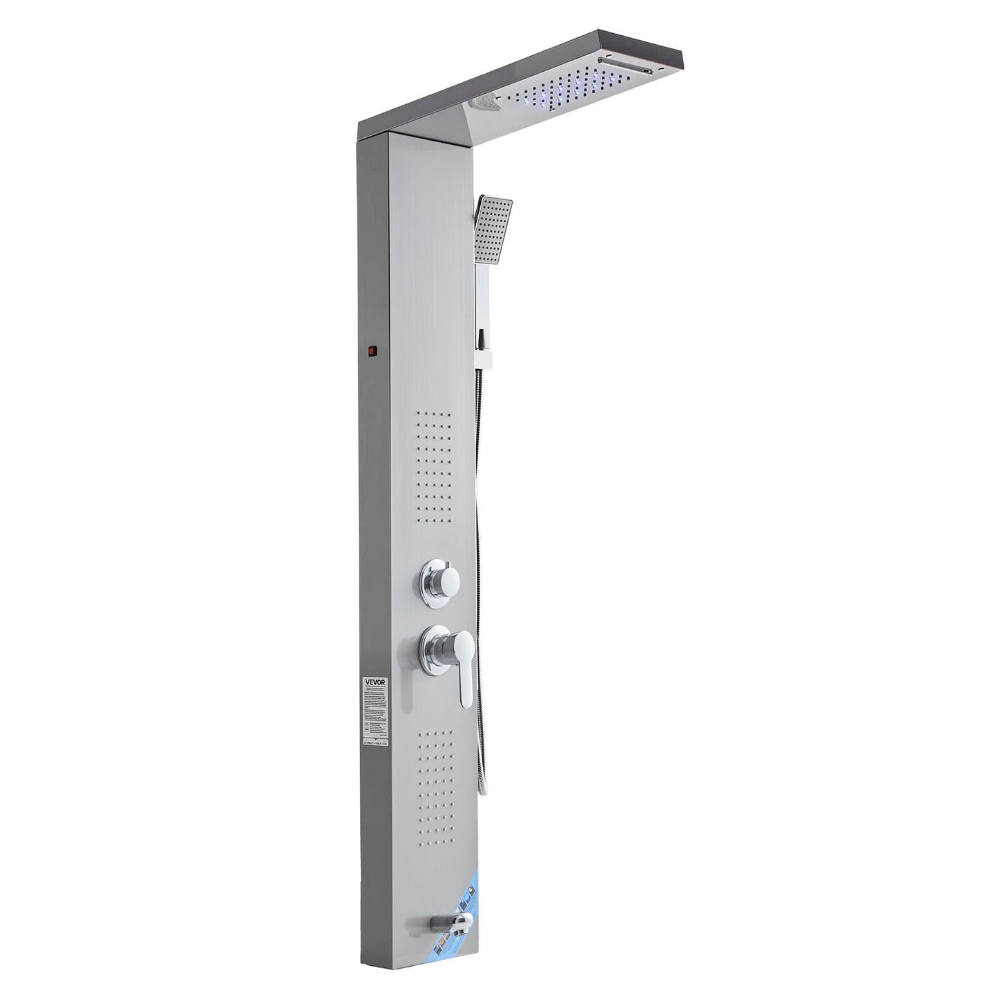 Shower Panel Tower System with Rainfall Waterfall Shower Head, LED, 53 in Brushed Stainless Steel Shower Column, 5-Function Faucet, Wall-Mount Rain Massage System, with Handheld, Tub Spout