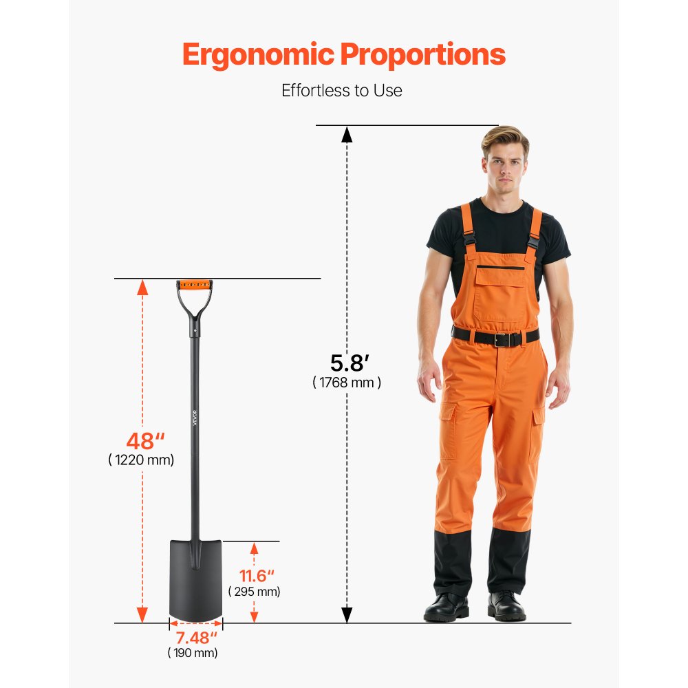 Square Shovel Flat Shovel 122 cm with D-Handle for Gardening & Digging