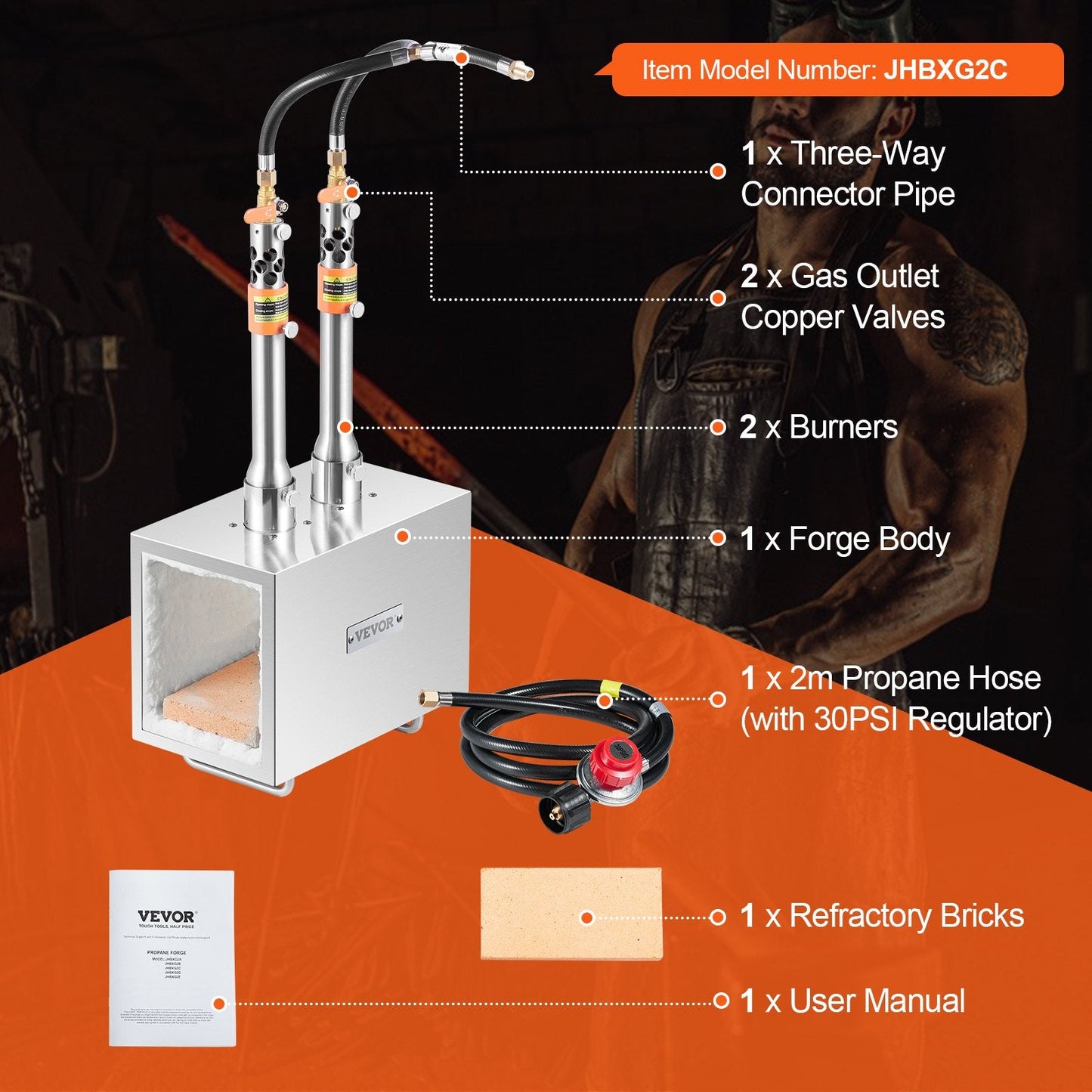 Portable 2-Burner Propane Forge for Metalwork, 1427℃, Stainless Steel Design