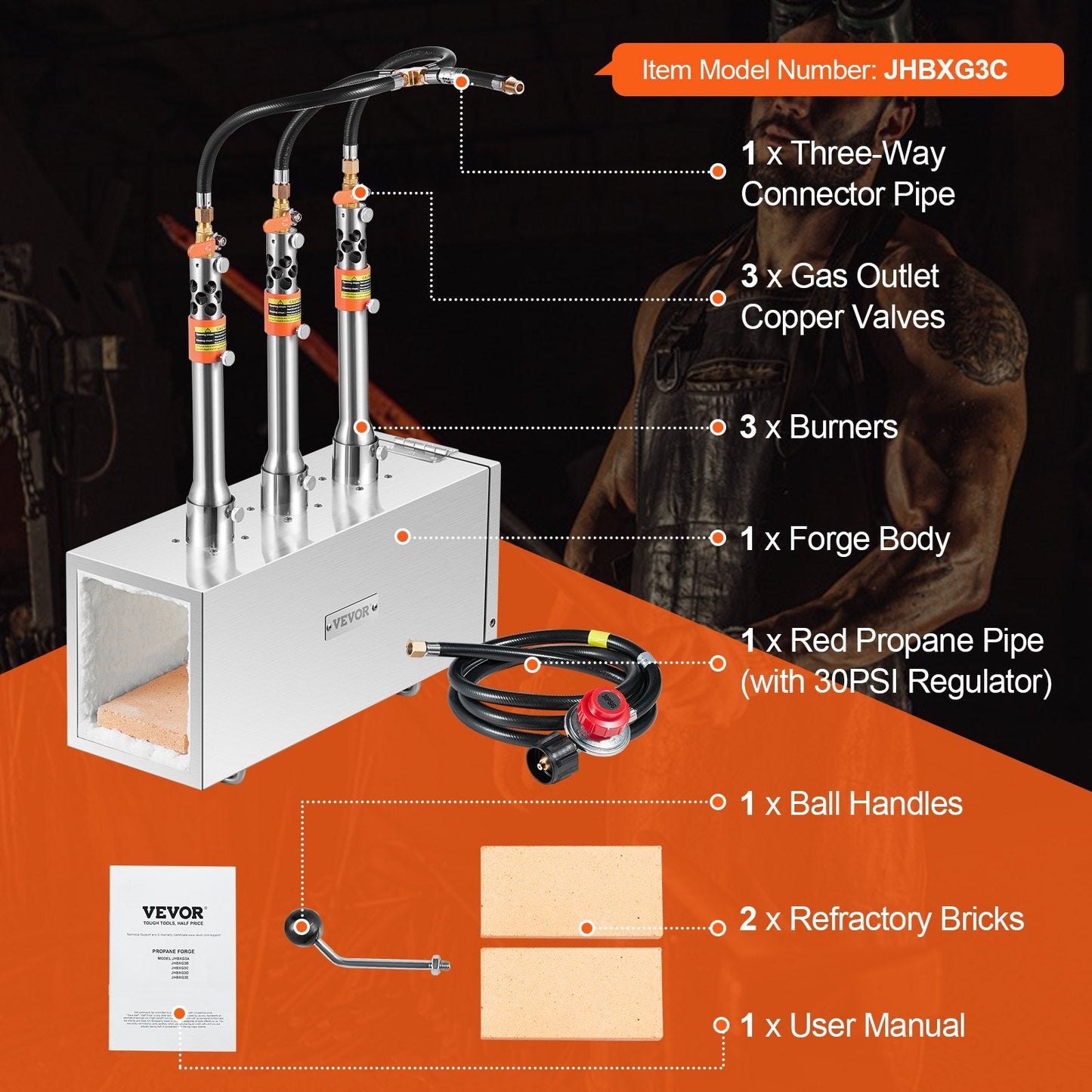 Portable 3-Burner Propane Forge for Metalwork, Reaching 1427℃