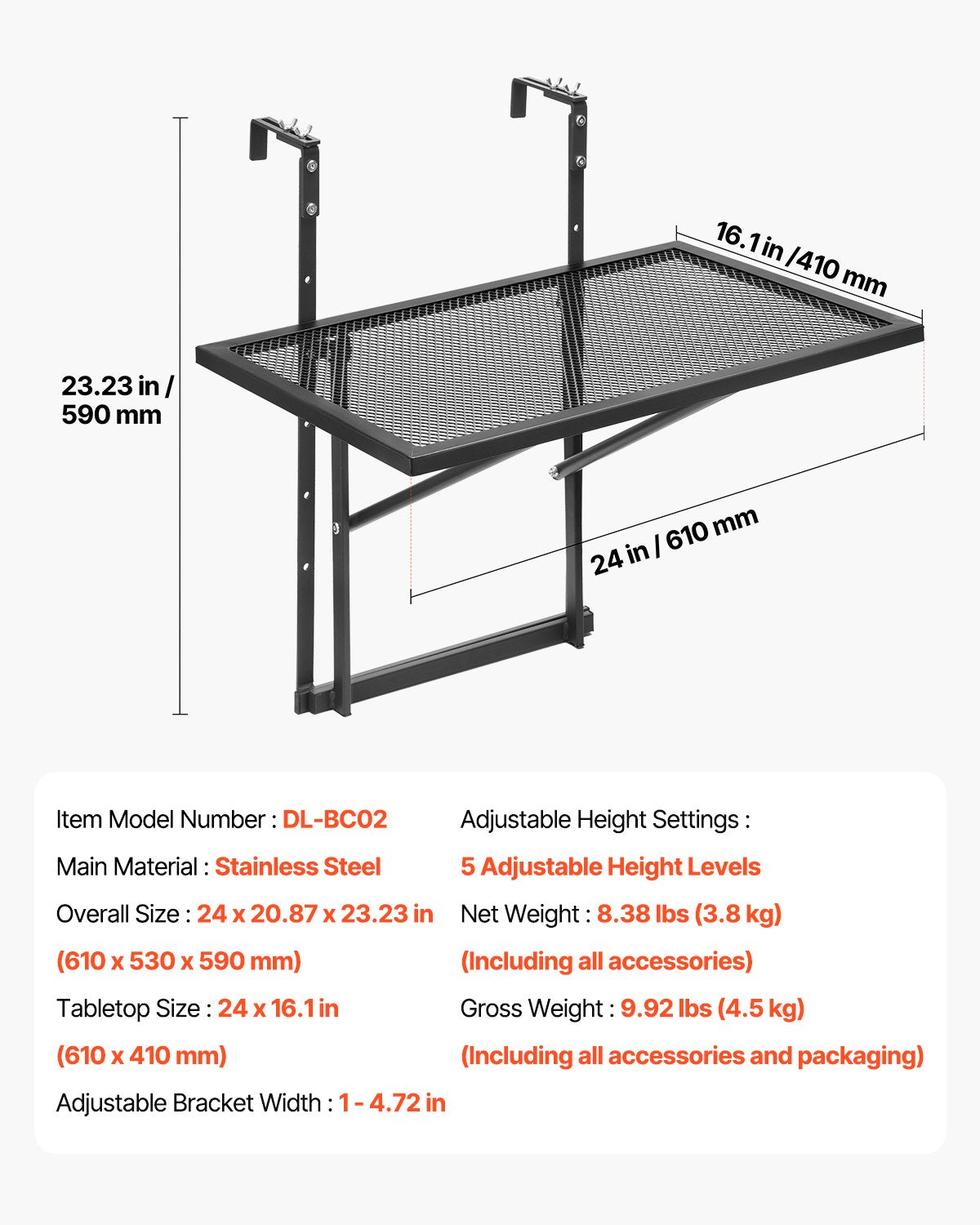 VEVOR Balcony Hanging Table 19 x 24 in Metal Patio Railing Table Adjustable