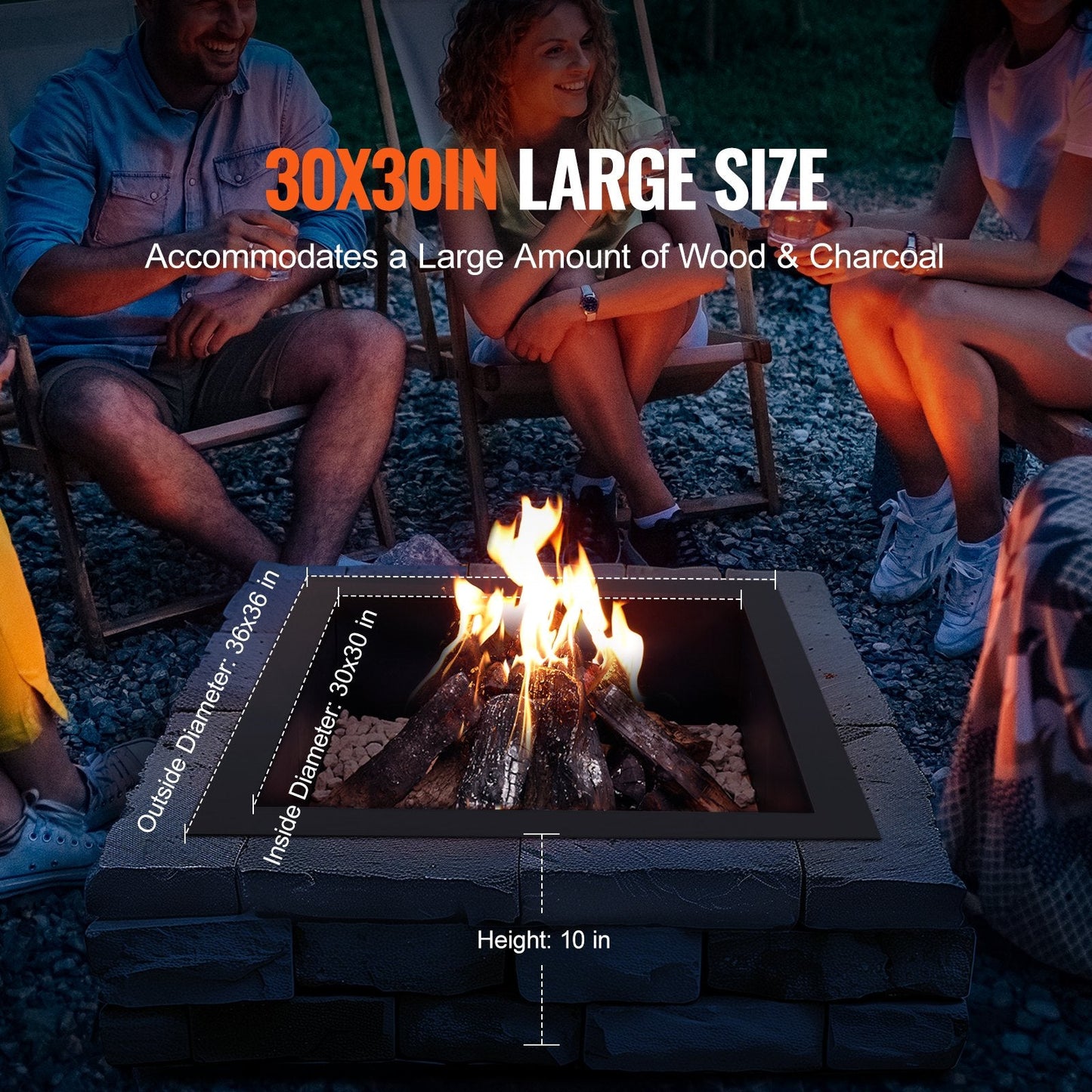 Square Fire Pit Ring with Steel Liner, 36x36 m, DIY Campfire, Black Finish