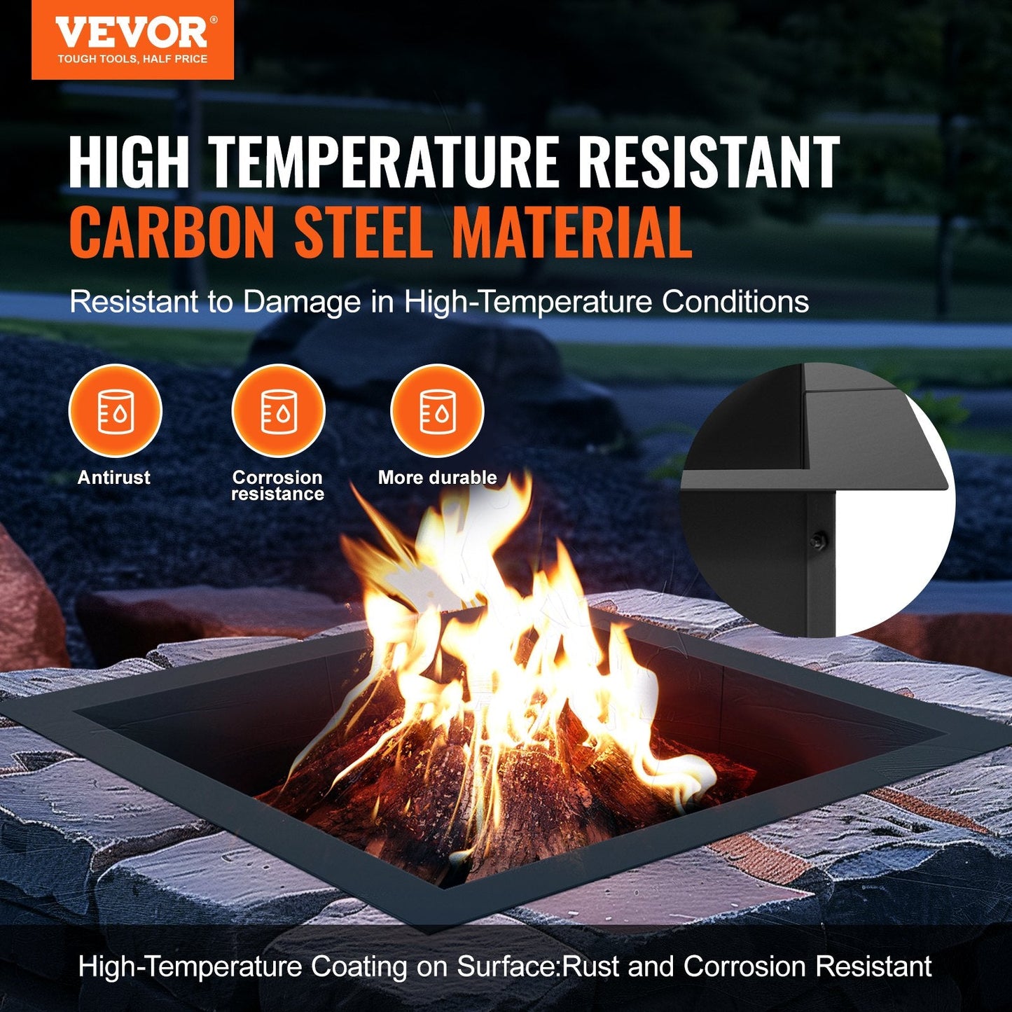 Square Steel Fire Pit Ring, 42x42 m, DIY Campfire, High-Temp Coating, Black