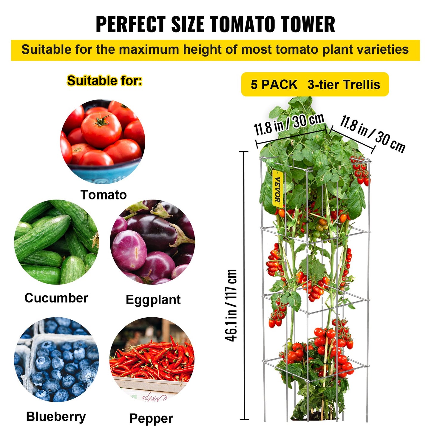VEVOR Tomato Cages, 30 x 30 x 117 cm, 5 Packs Square Plant Support Cages, Silver