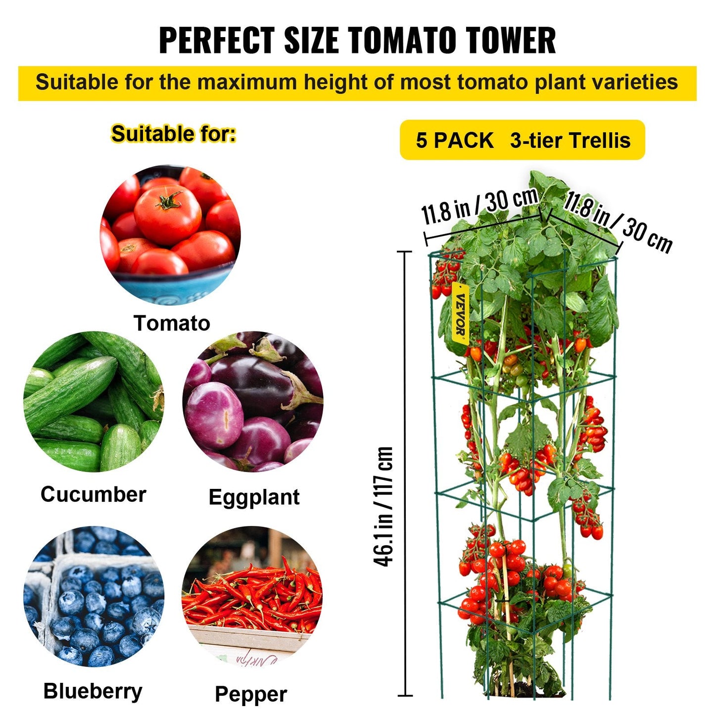 Pack of 5 Green Steel Tomato Cages, 0.3 x 0.3 x 1.17 m Plant Supports