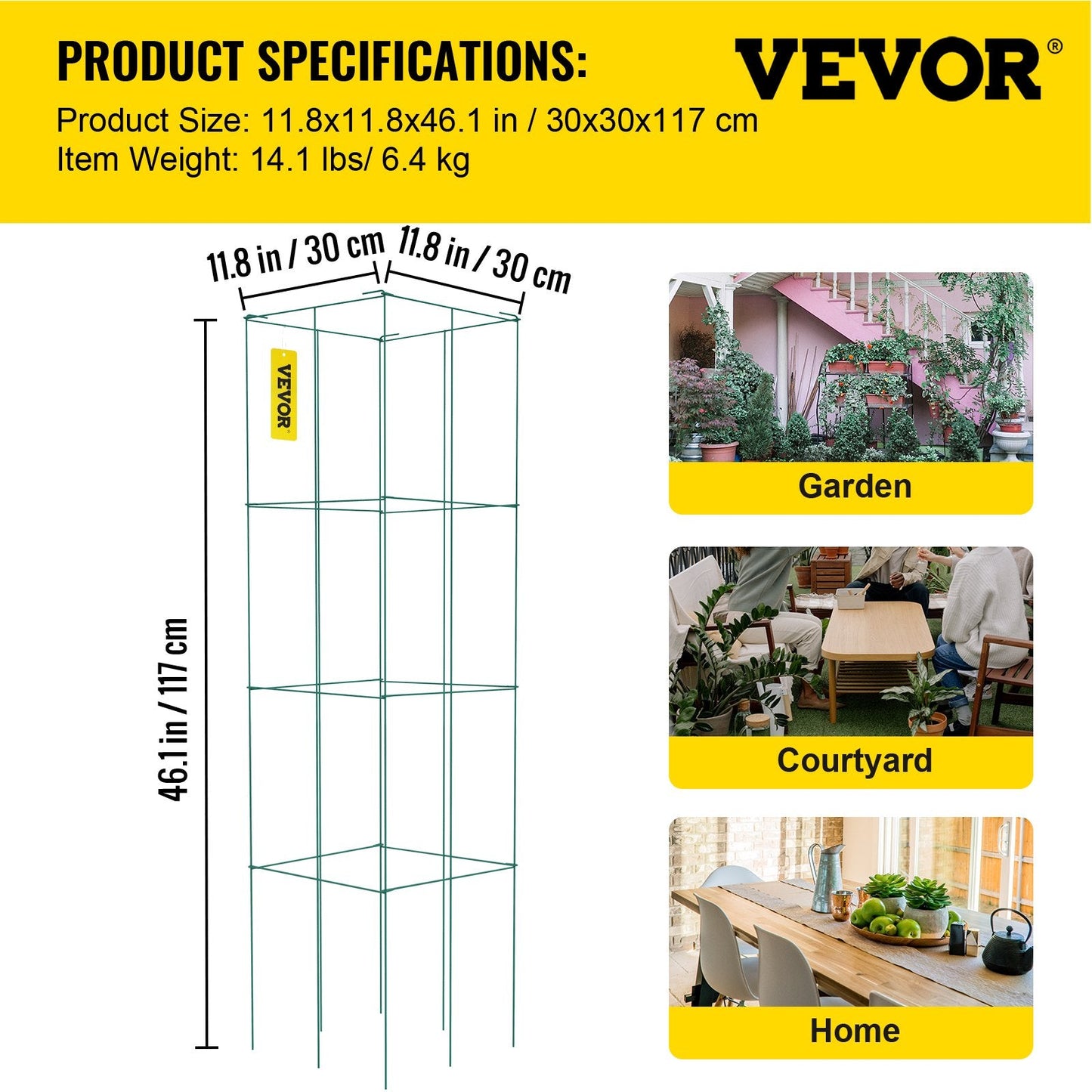 Pack of 5 Green Steel Tomato Cages, 0.3 x 0.3 x 1.17 m Plant Supports