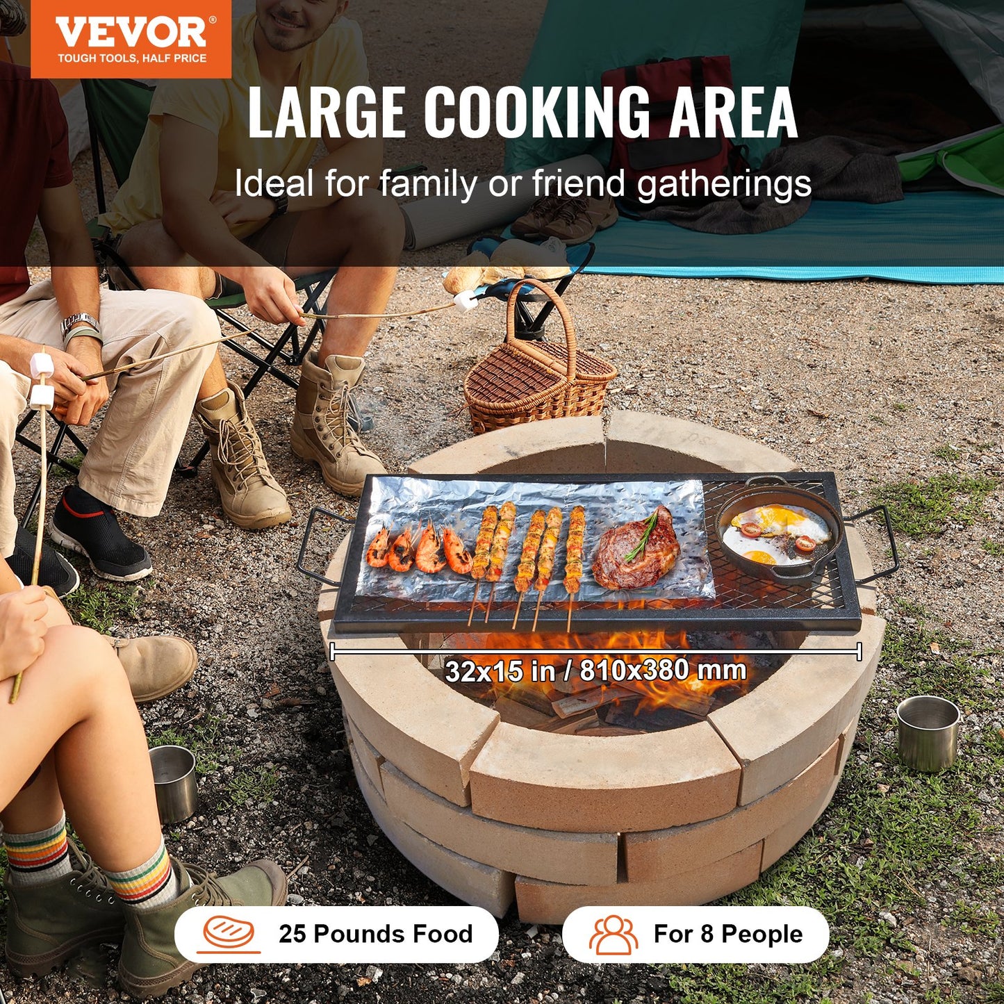 VEVOR X-Marks Fire Pit Grill Grate, Rectangle Cooking Grate, Heavy Duty Steel Campfire